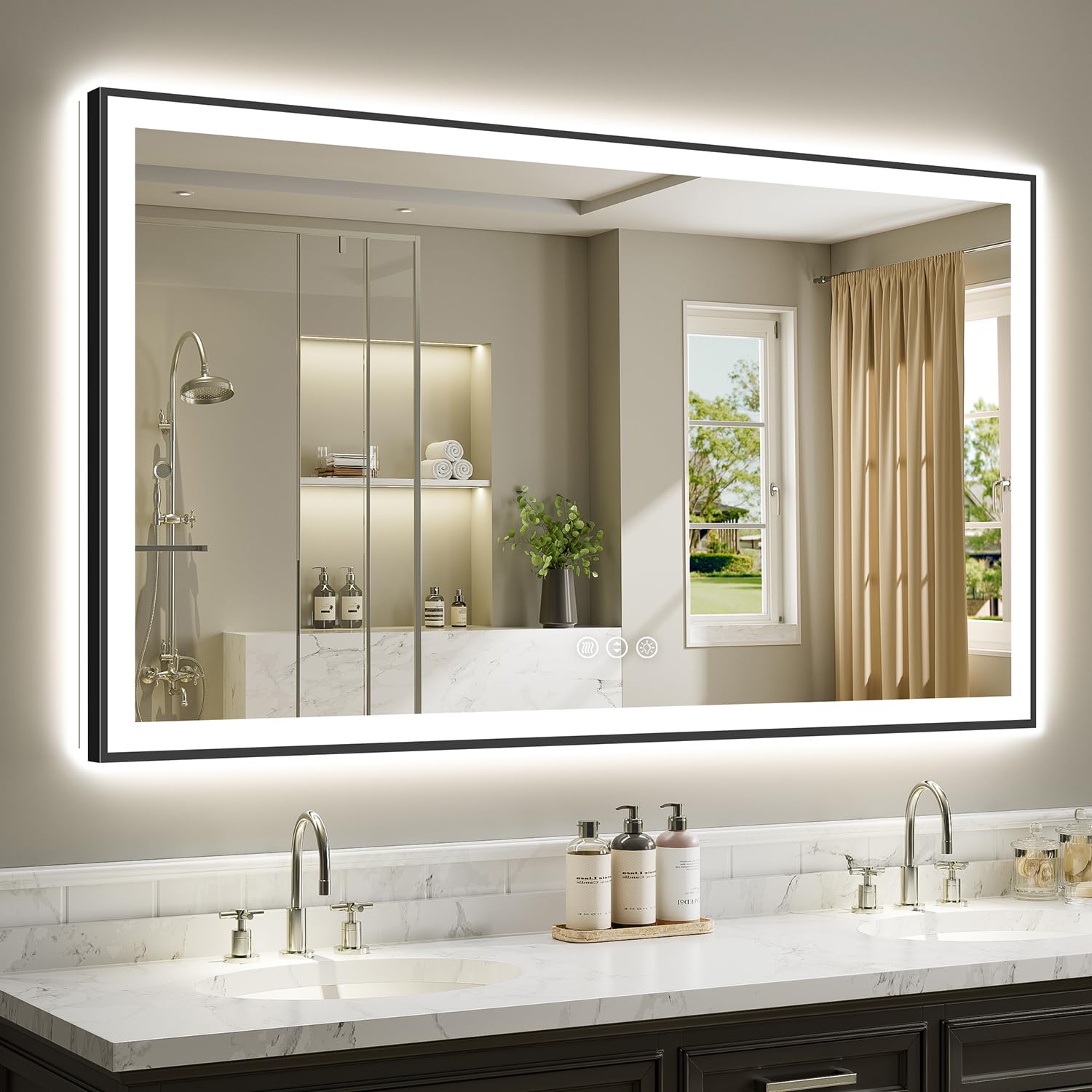 66x36 LED Bathroom Mirror with Lights, Black Framed Lighted Mirror