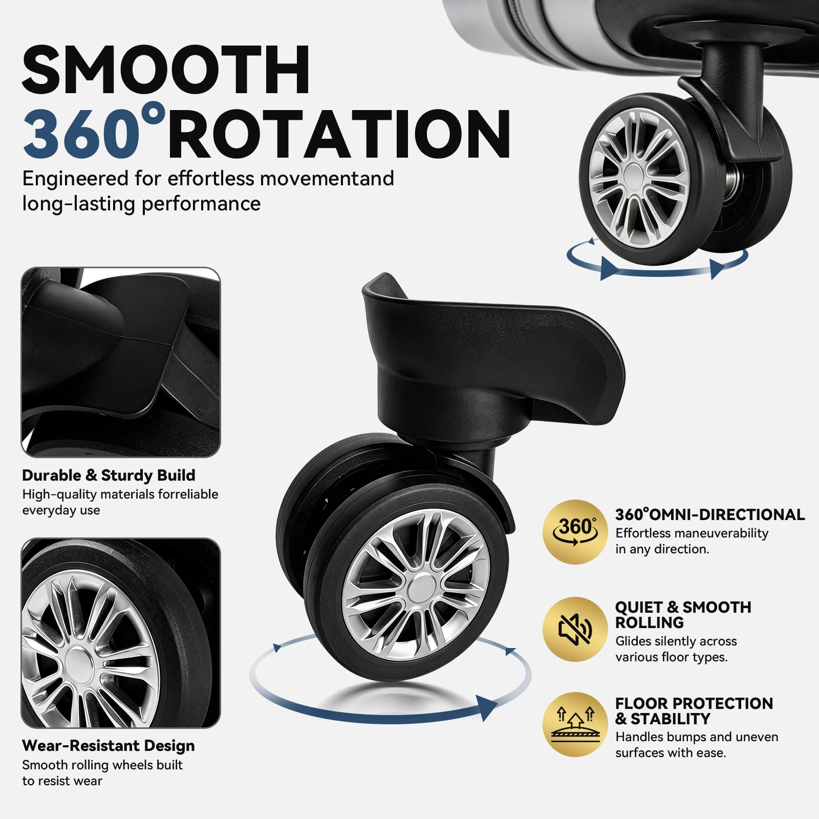 Ruote di ricambio per bagagli, confezione da 4, rotazione a 360°, 4 fori, riparazione valigia | Kit di ricambio per ruote per bagagli, con viti, ruote girevoli a 360° a doppia fila per valigia, carrello e borse da viaggio