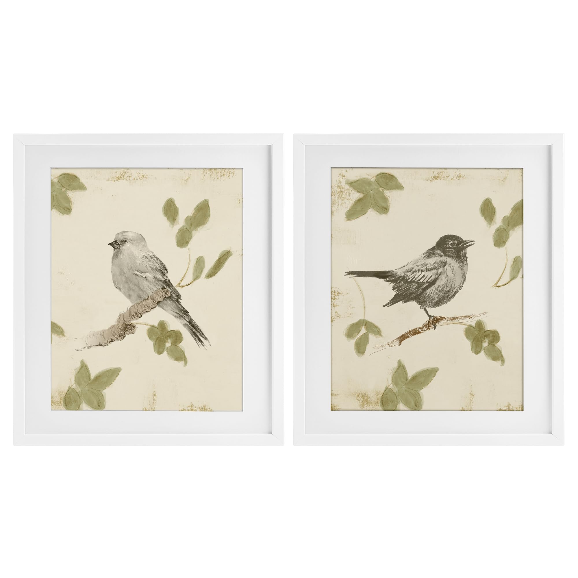 Neutral Bird Scene Vintage, 17 x 21 Inch Framed Print Under Glass Set
