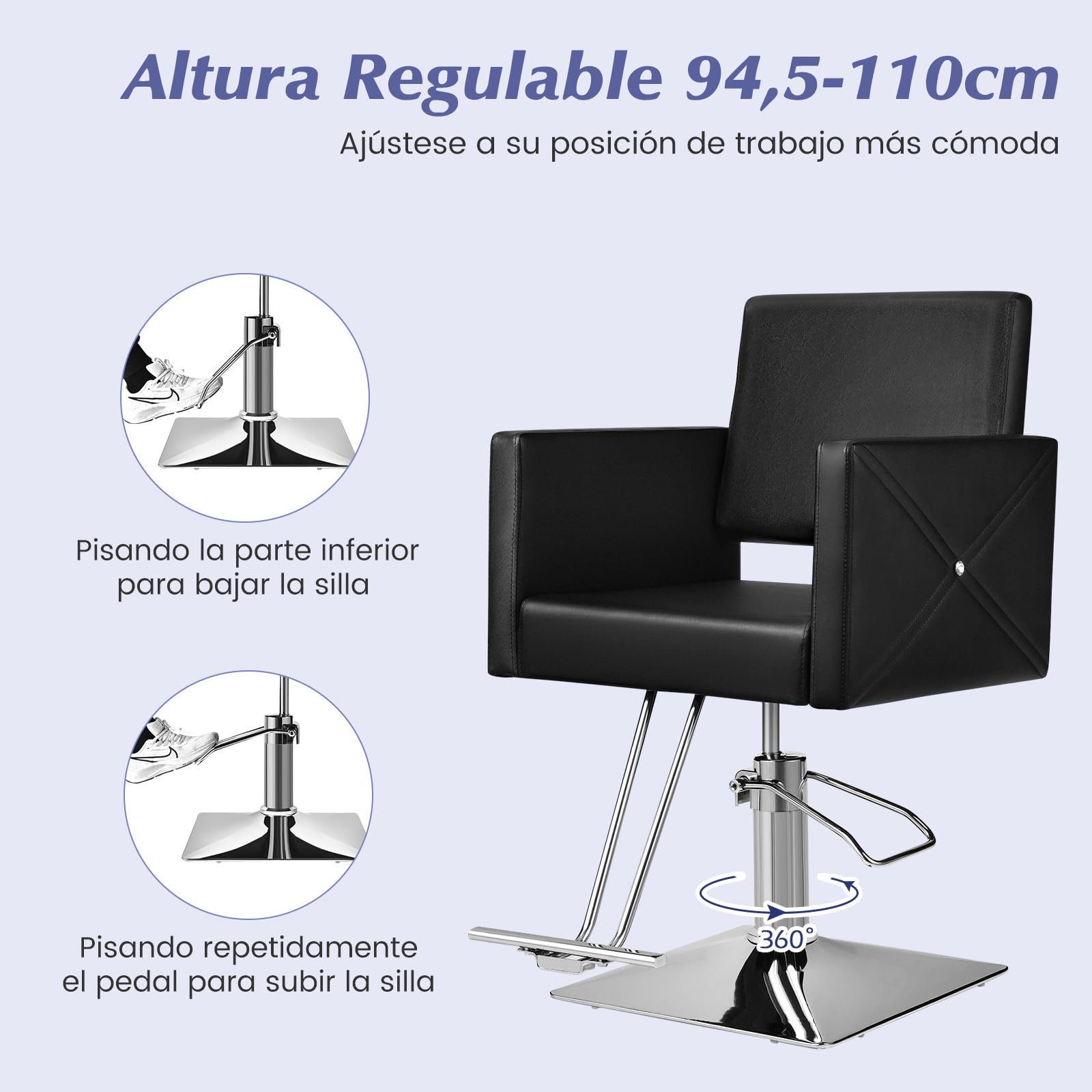 RELAX4LIFE Silla Peluquería Giratorio 360° con Altura Regulable 94,5-110cm, Bomba Hidráulica, Reposabrazos y Reposapiés, Sillón Barbero para Salón de SPA y Belleza, Barbería, Carga 150kg (Negro)