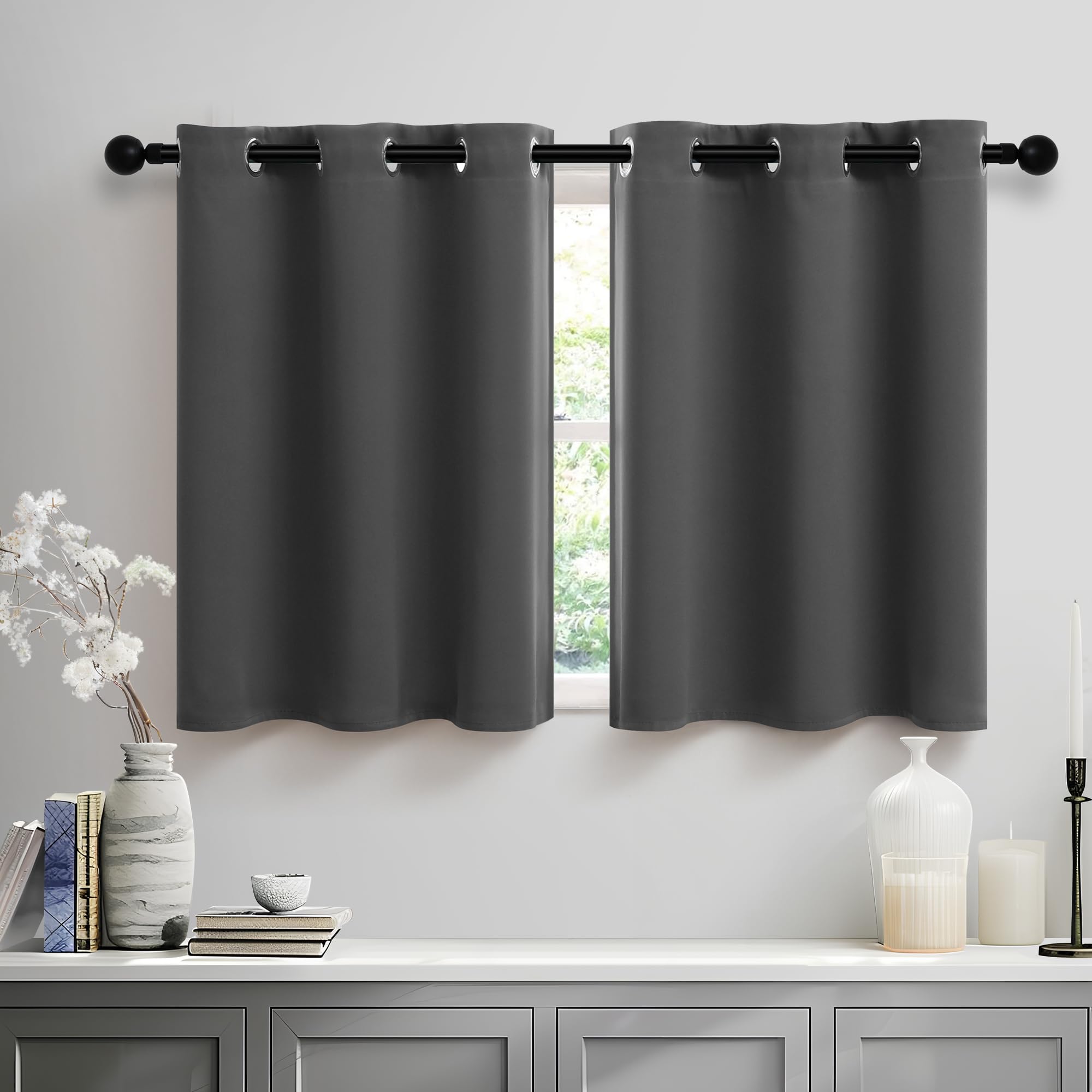 Pitalk Camper RV Dark Grey Short Curtains 24 Inch Length Room Darkening Blackout Grommet Small Gray Tier Curtain for Kitchen Bathroom Loft Set 2