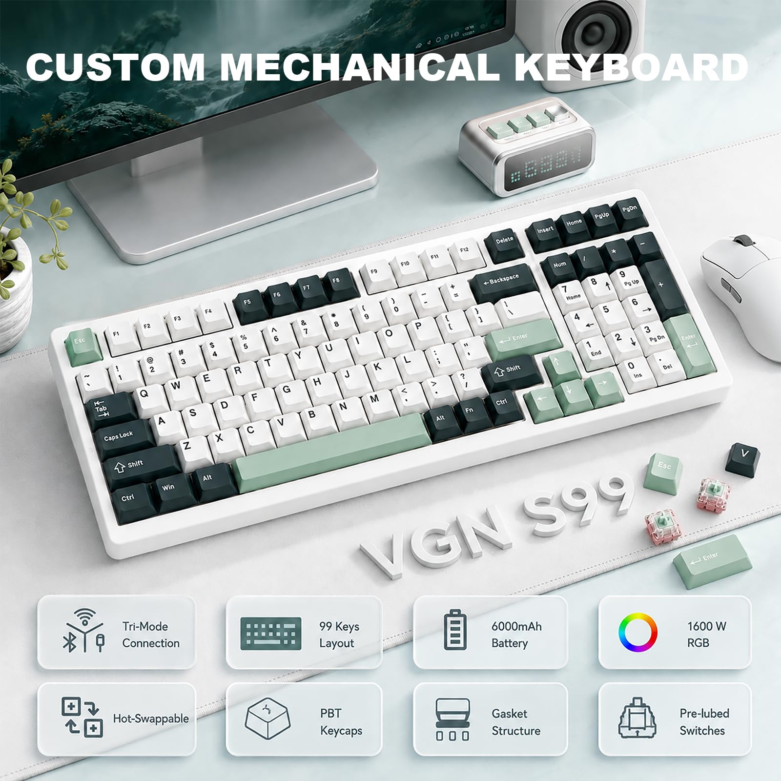 VGN Tastiera da gioco wireless S99, tastiera meccanica Tri-Mode BT/2.4G/USB-C, tastiere per computer hot swap, interruttori lineari pre-lubrificati, tastiera Bluetooth RGB personalizzata per Mac Win
