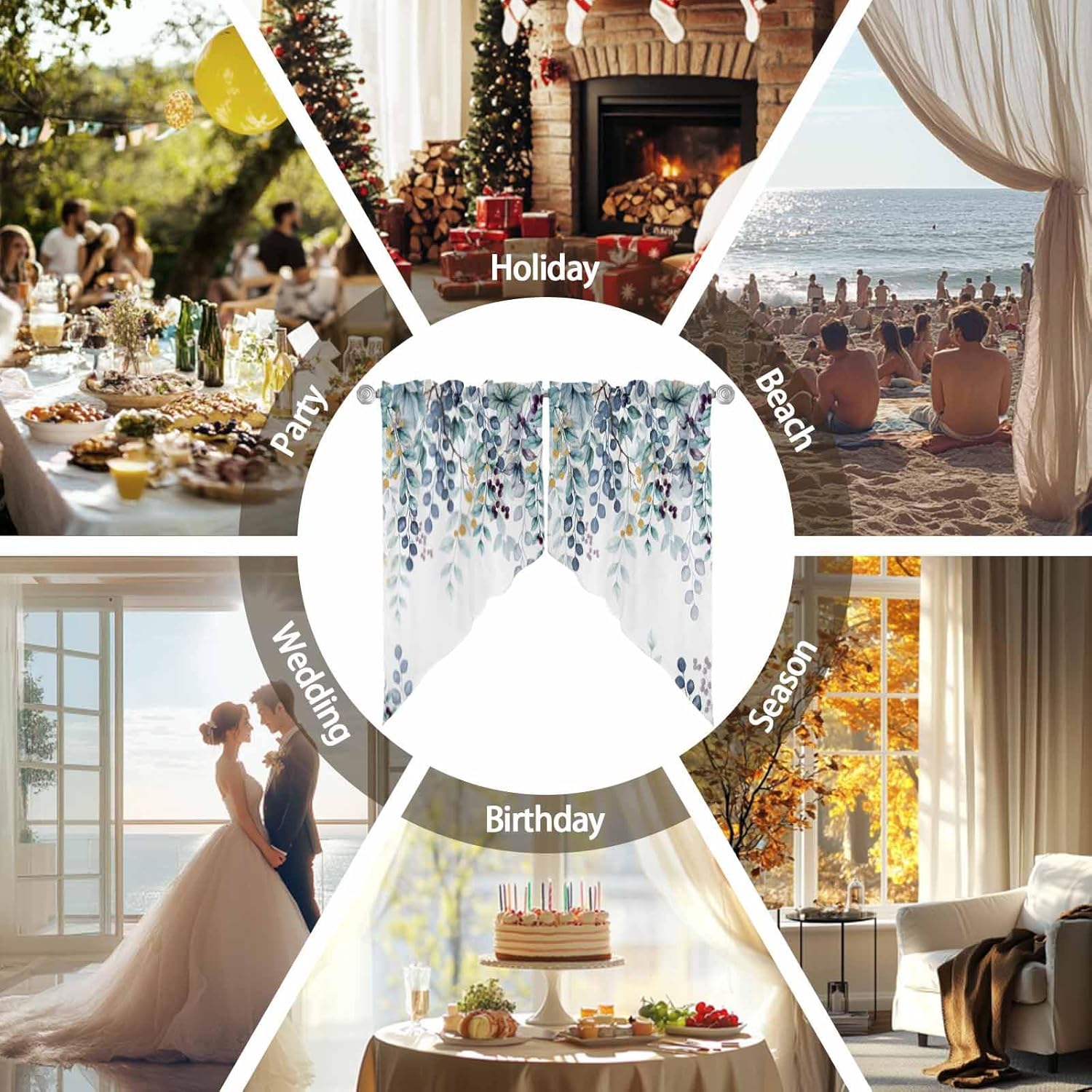 LooPoP Swag Curtain Valances Blue Eucalyptus Leaves Swag Valances for Kitchen Windows Berry Branch Nature Plant Short Topper Curtains Tier Pair for Kitchen Bedroom Living Room Bathroom Cafe 36"x63"