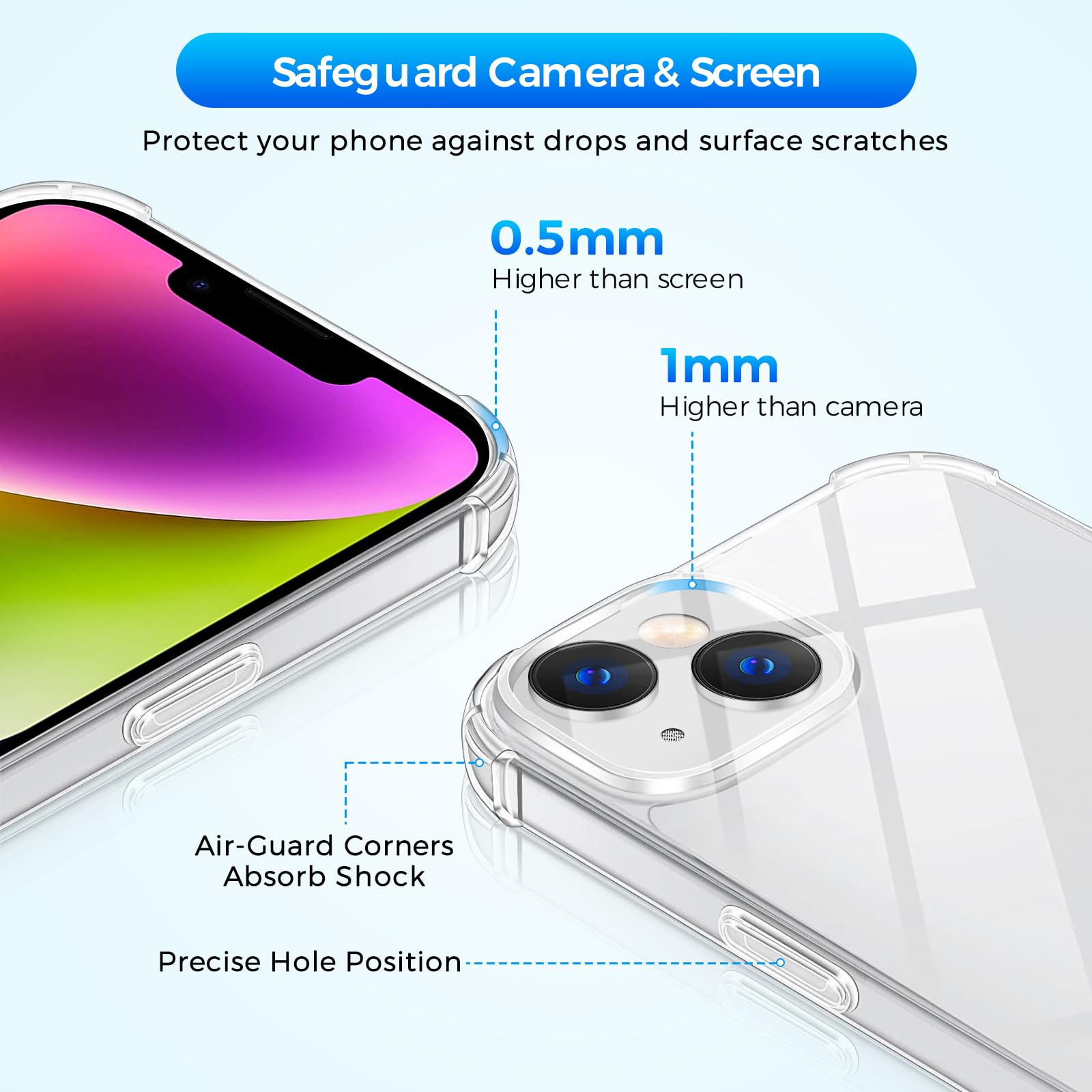 Whioltl Cover per iPhone 14, Trasparente 4 in 1 Custodia per iPhone 14 con 3 Pellicole Vetro Temperato, Anti-Graffio e Anti Ingiallimento Silicone Protettiva Case, Pellicola Proteggi Schermo