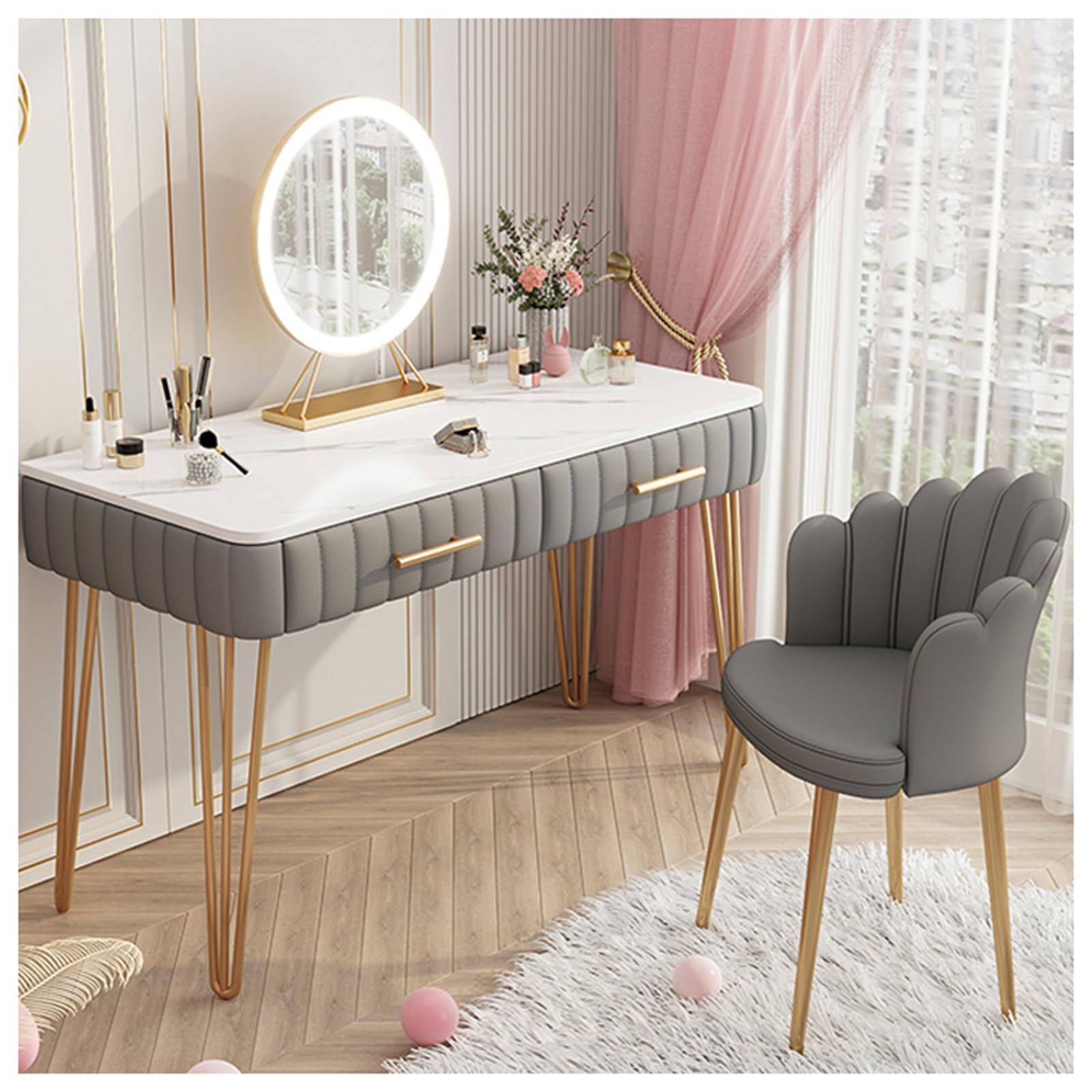 asdchZen Vanity Desk With Round Mirror & Led Light 2 Drawer Makeup Table For Girls/Women Stylish Dressing Table