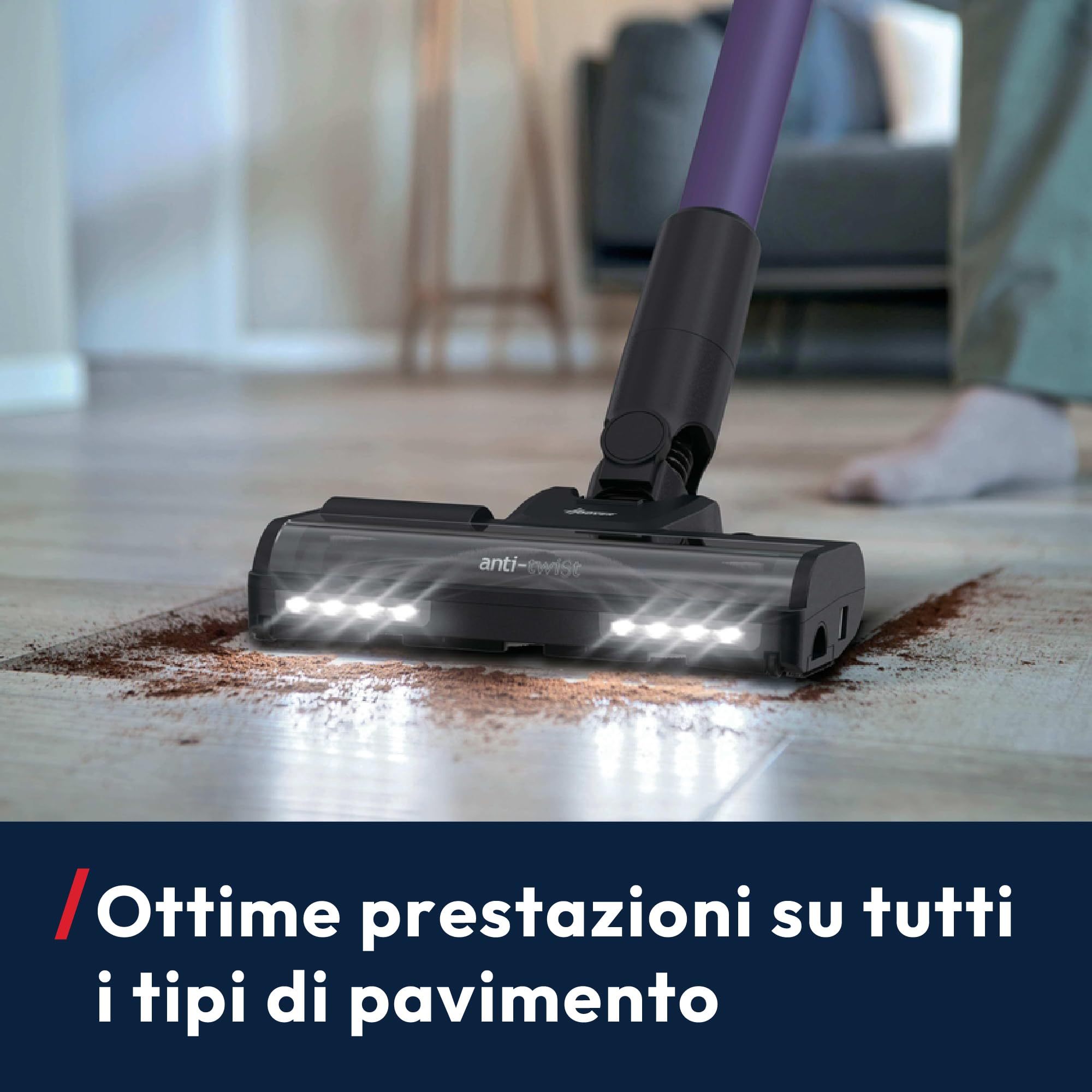 Hoover HF1 CORE Scopa Elettrica Senza Fili, spazzola multi-superficie con Tecnologia Anti-Twist, 3 modalità di potenza, Autonomia 50 Minuti, QuickPark, luci LED, 200W [XEUF1CHX]