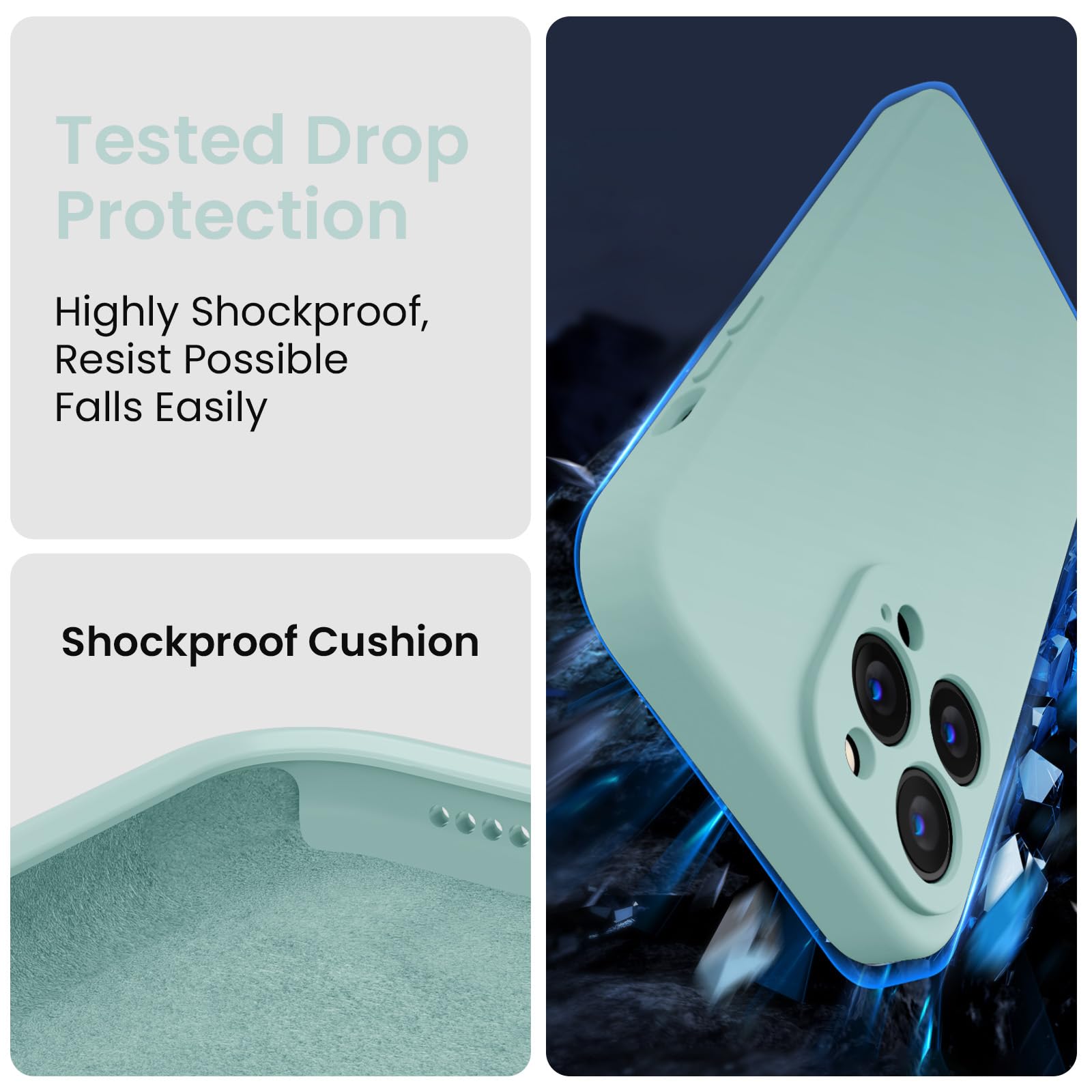 FireNova Funda para iPhone 14 Pro, funda de silicona mejorada [protección de cámara] con [2 protectores de pantalla], forro interior de microfibra suave antiarañazos de 6.1 pulgadas, verde menta