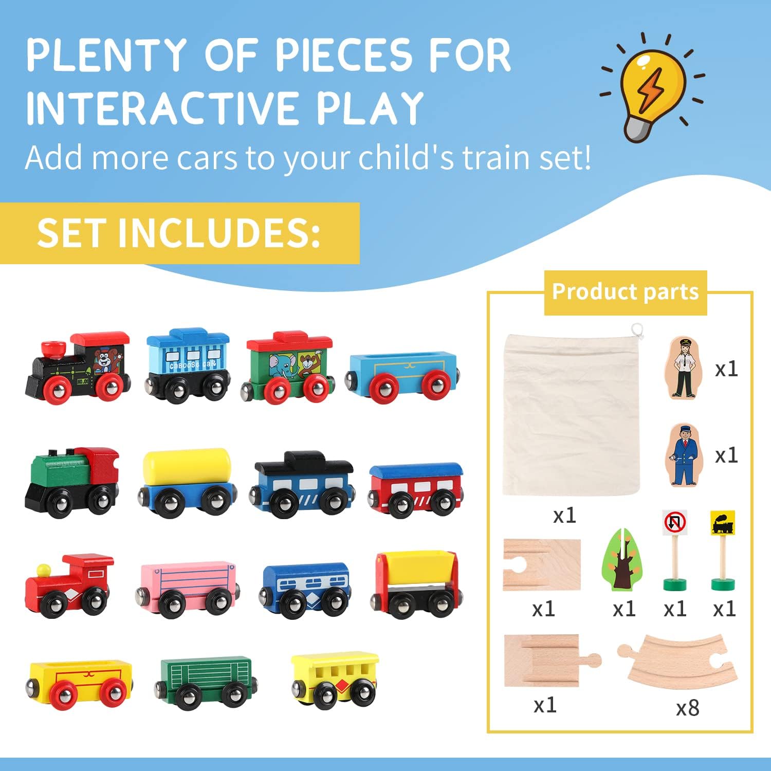 Joqutoys 31 PCS Wooden Train Cars - Magnetic Train Set Includes 15 Cars, 10 Bonus Connectors & Storage Bag, Wooden Train Set Toy Train for Kids Toddlers, Compatible with Major Brands Train Tracks Set - Image 2