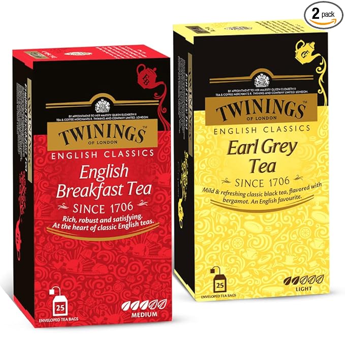 Twinings Black Tea Super Saver Combo Pack (English Breakfast Tea 25 Bags + Earl Grey Tea 25 Bags)