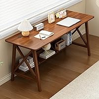 NELYE 55" Extra Long Walnut Desk with Bookshelf - Modern Home Office Workstation for 2, Storage Shelf Included
