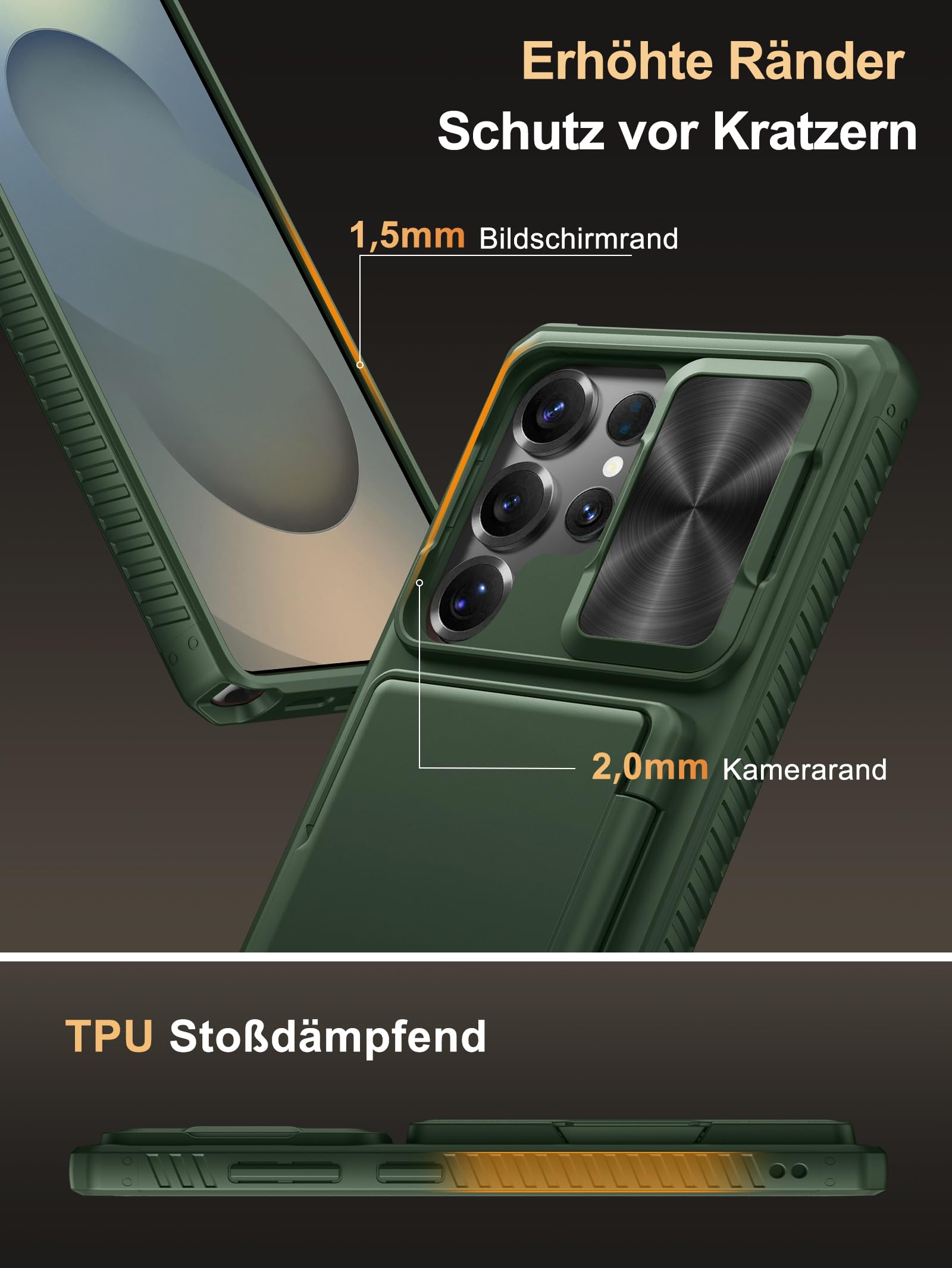 Vihibii per Samsung Galaxy S25 Ultra custodia con porta carte [RFID Blocking] & protezione per fotocamera con cursore, robusta custodia in TPU antiurto con protezione militare antigraffio in silicone