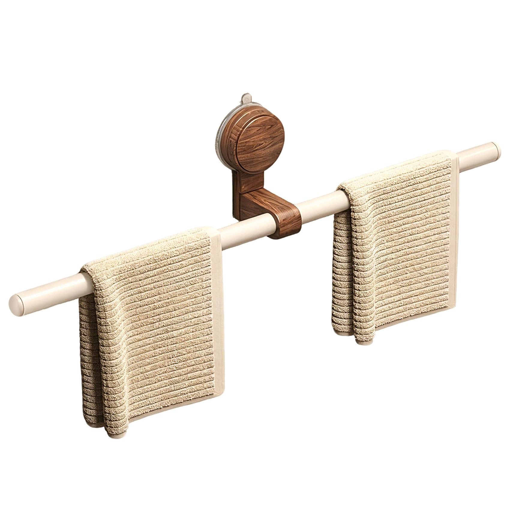 Adjustable Suction Cup Towel Bar for Wall, No-Drill Hand Towel Holder for Kitchen Bathroom, Premium Walnut Wood & Aviation Aluminum Rustproof Bathroom Hardware Set(White,60cm/23.6in)