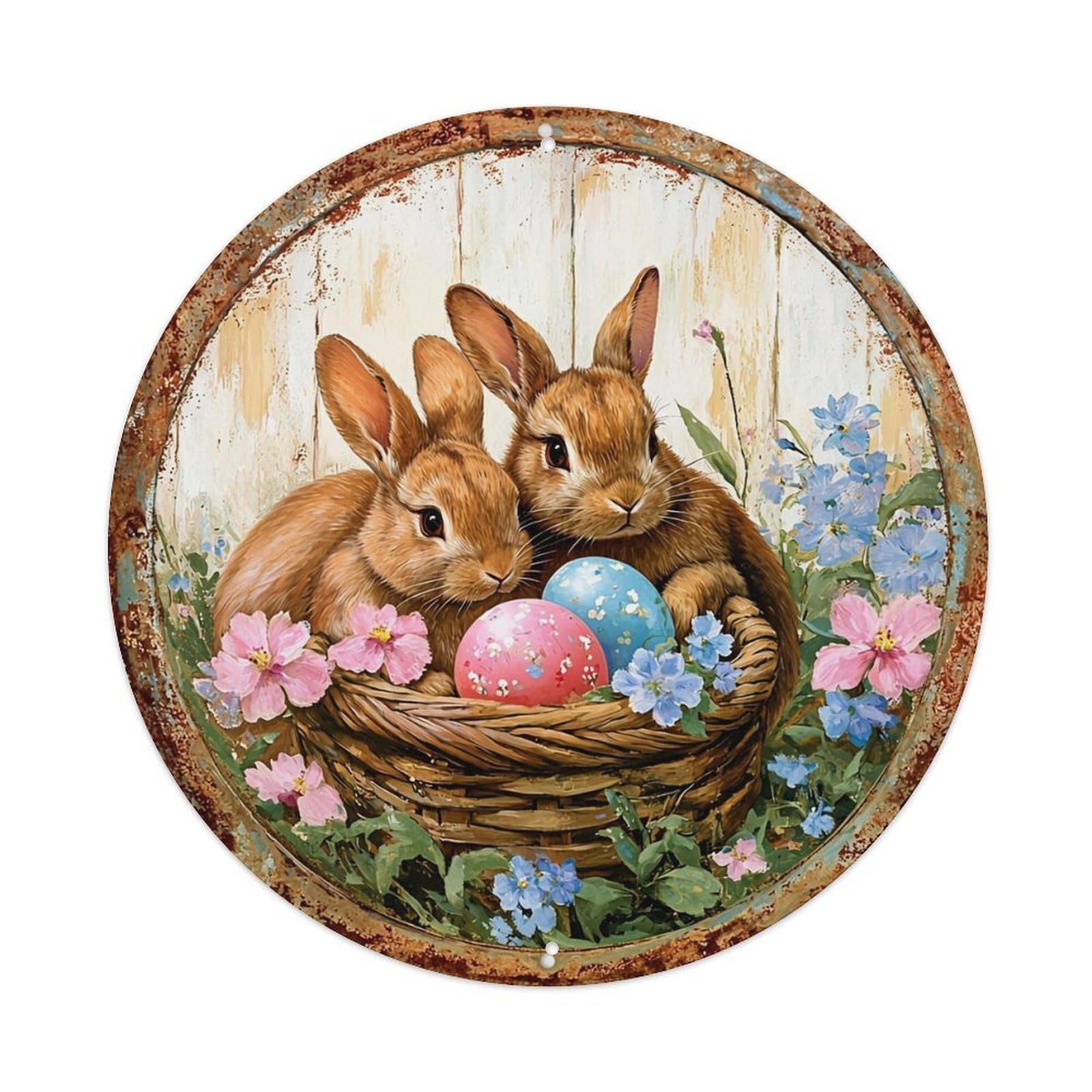 Two Bunnies In Basket With Eggs Tin Sign Metal Poster Vintage Metal Signs for Home Man Cave Bar Cafe Kitchen laundry room Wall Decorations 8x8 inches