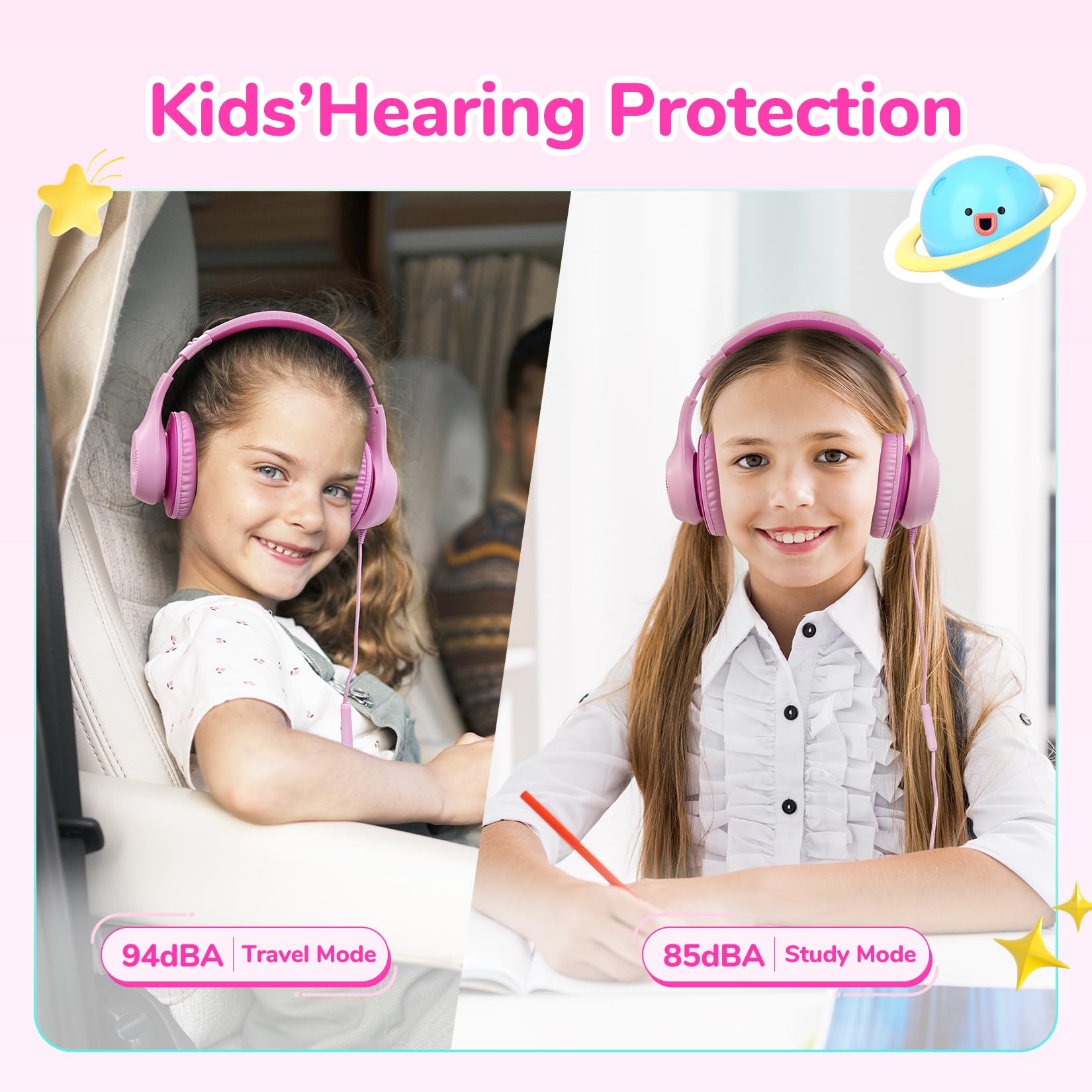 EarFun Auriculares para Niños con Micrófono, Cascos Infantiles con Cable Jack 3,5 mm, Volumen Limitado 85/94 dB, Sonido Estéreo HD, Diadema Plegable para Pad, Tabletas, La Escuela, Rosa