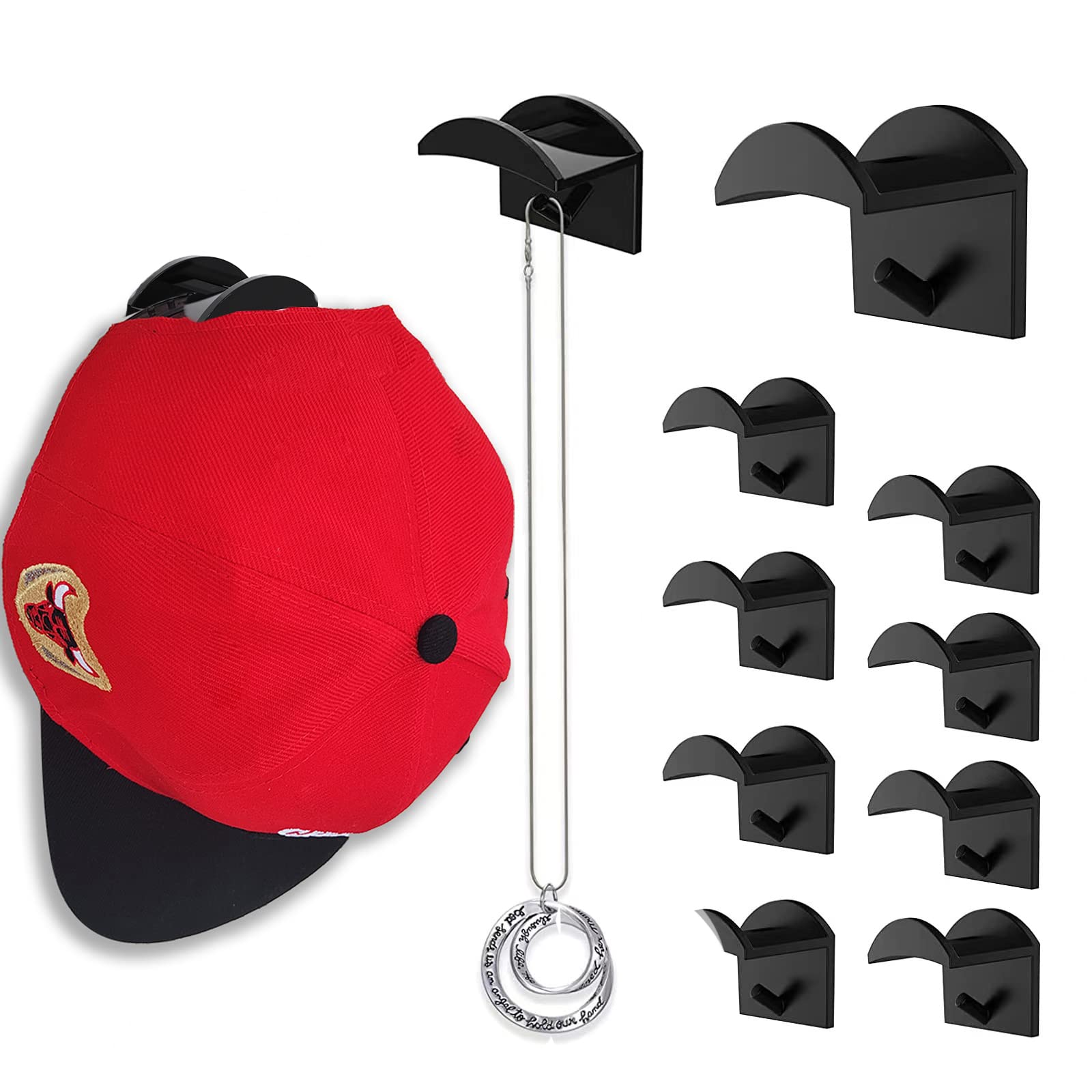 10 PCS Black Modern Curved Acrylic Hat Hooks for Wall Hat Display, Scarves, Belts, Hair Bands, Accessories (3 Pounds Max Weight Capacity)