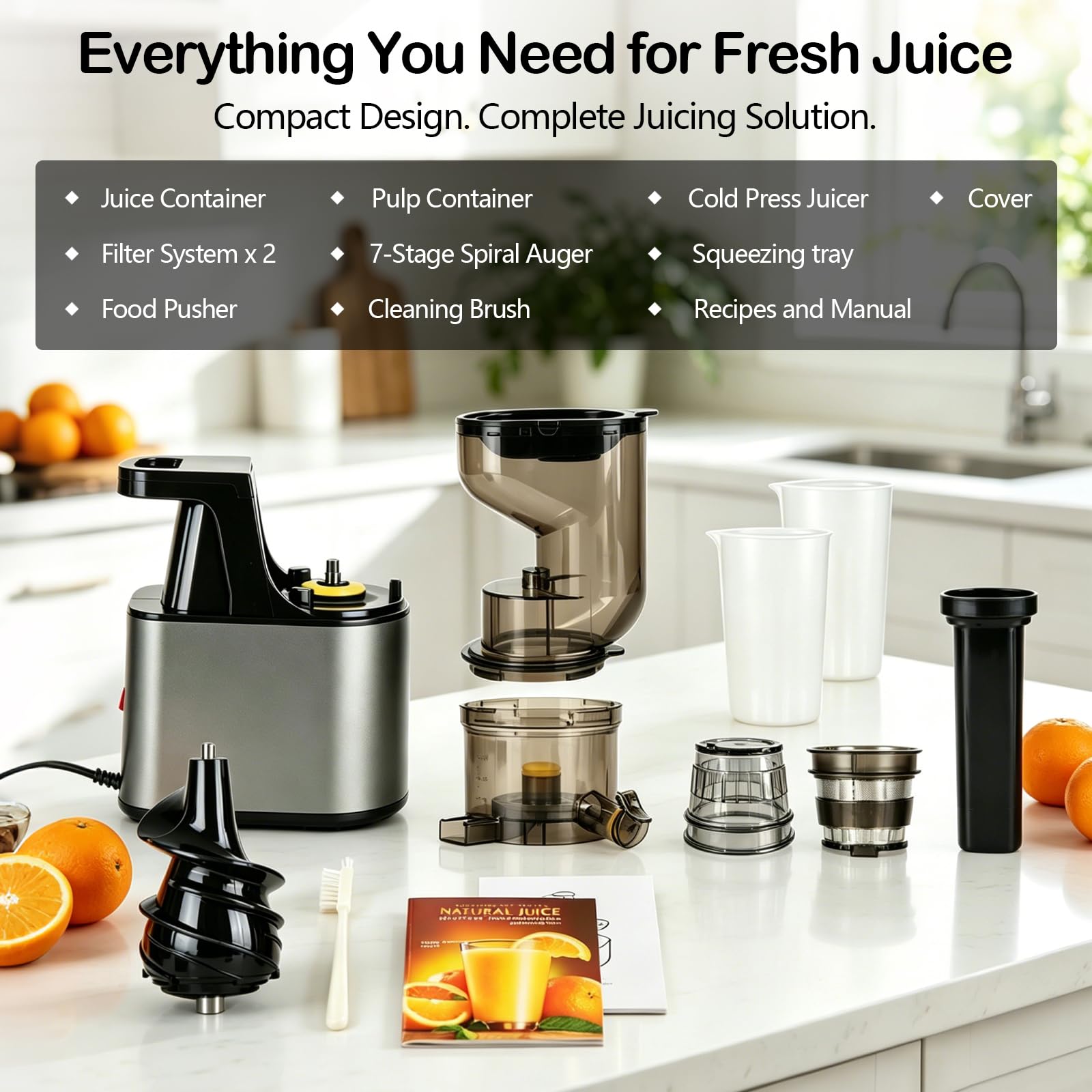 Extractor de Jugo Slow Juicer 1L, Entrada XXL de 160 mm | Hasta 97 % de Rendimiento, 2 Sistemas de Filtro para Zumo Sorbete Leche Vegetal & Helado de Frutas, Recetario Incluido