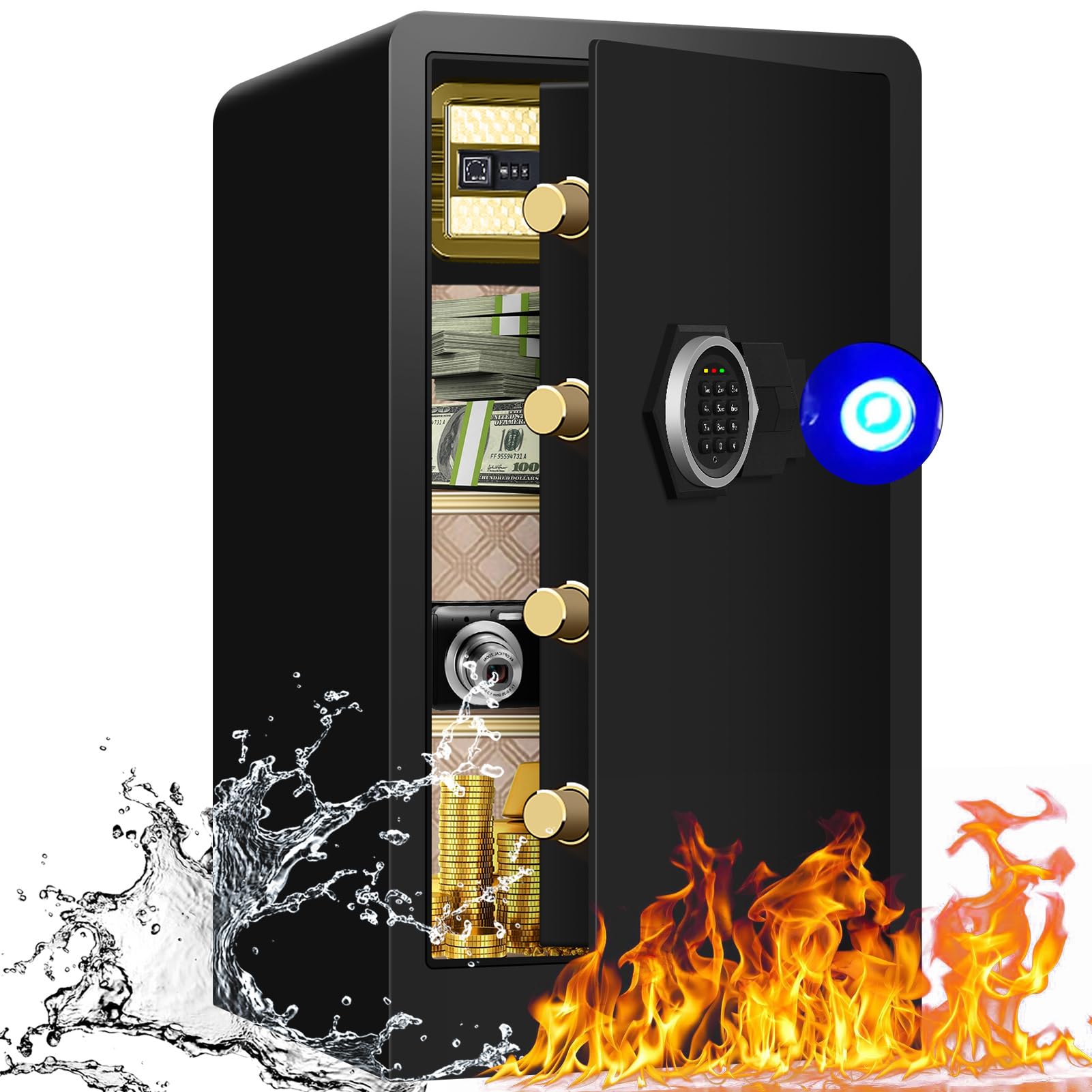 5.1 Cu ft Extra Large Home Safe Fireproof Waterproof, Anti-Theft Digital Fireproof Home Security Safe Box With Hidden Compartment, Separate Lock Box and Led Light（23.61"*14.17"*16.14"）