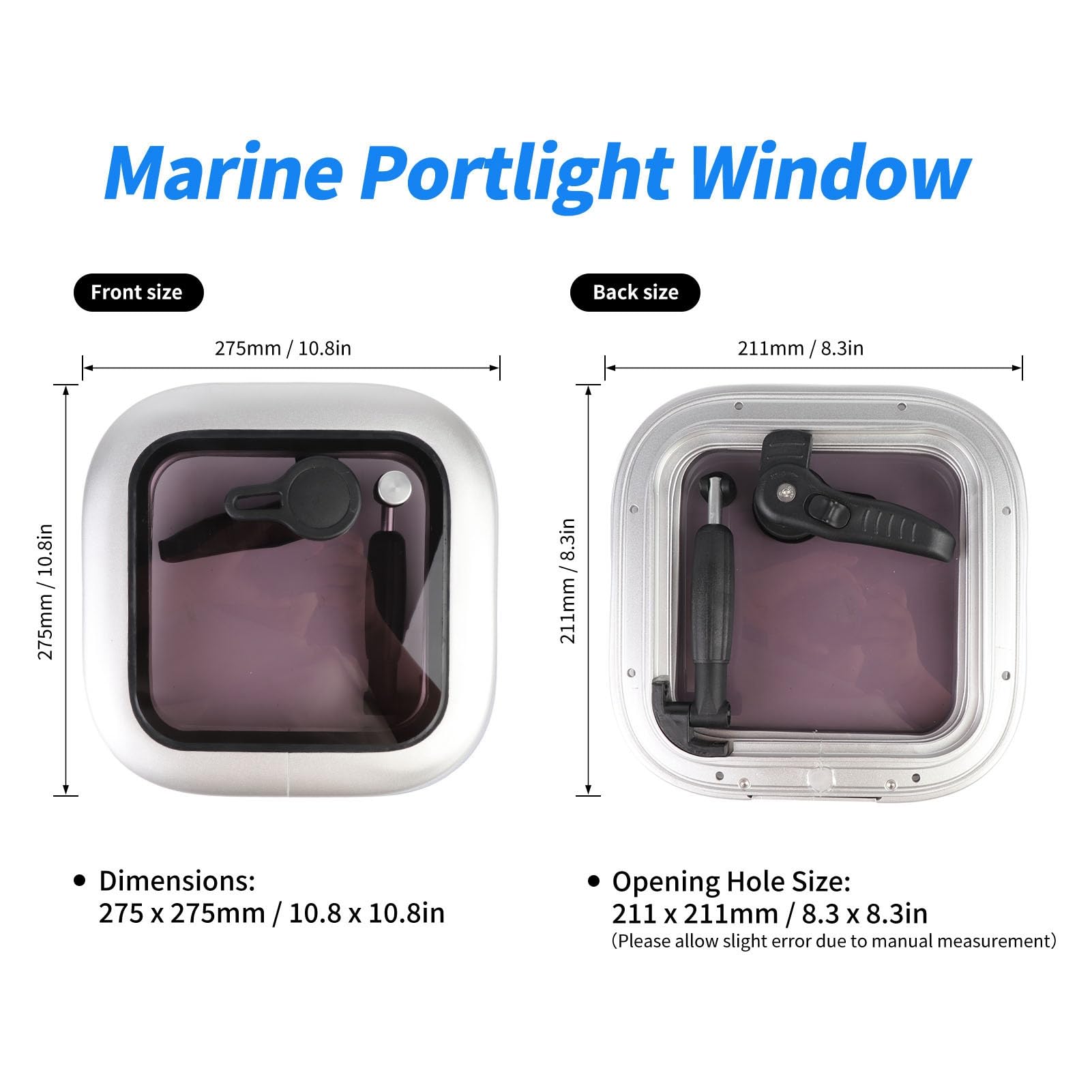 Yctze Oblò per Finestra per Barche Oblò per Yacht Marine 211 X 211 Mm Grigio Push Out Lucernari con Asta di Supporto in Acciaio per Yacht RV – Soluzione di Sostituzione dell'hardware del Ponte