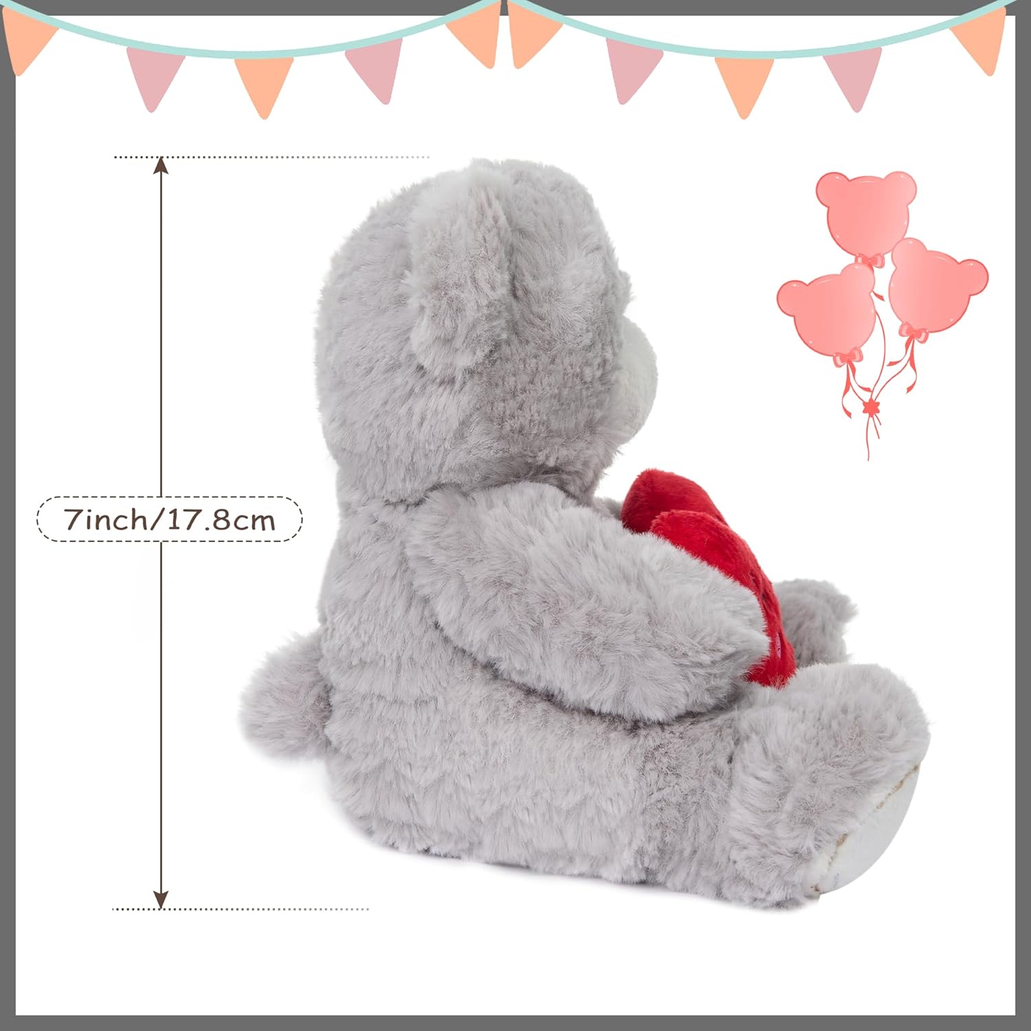 My OLi Stuffed Bear Animals with Red Heart 7” Plush Teddy Bear Toys Valentines Bear for Babies Girlfriend Wife Mom Gray - Image 3