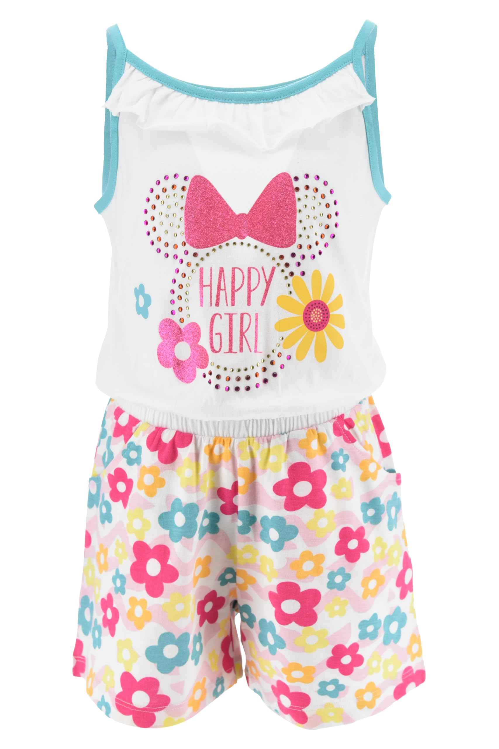 Disney Minnie Mouse Mono Corto para Niña, Pijama Algodón Suave, Happy Girl' Conjunto 1 Pieza de Verano Ratoncita Minnie, Tallas 3 a 8 Años