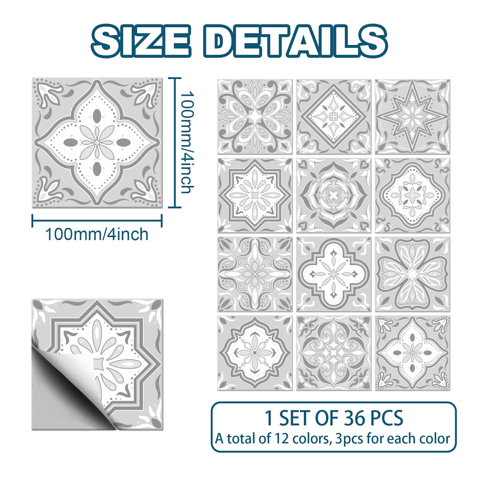 CHGCRAFT 36pcs 12 Styles Gray Mandala Peel and Stick Tile Stickers Waterproof Tile Stickers Square with Flower Pattern for Kitchen Bathroom Bedroom Wall Fireplace Floor Decoration, 3.94×3.94inch