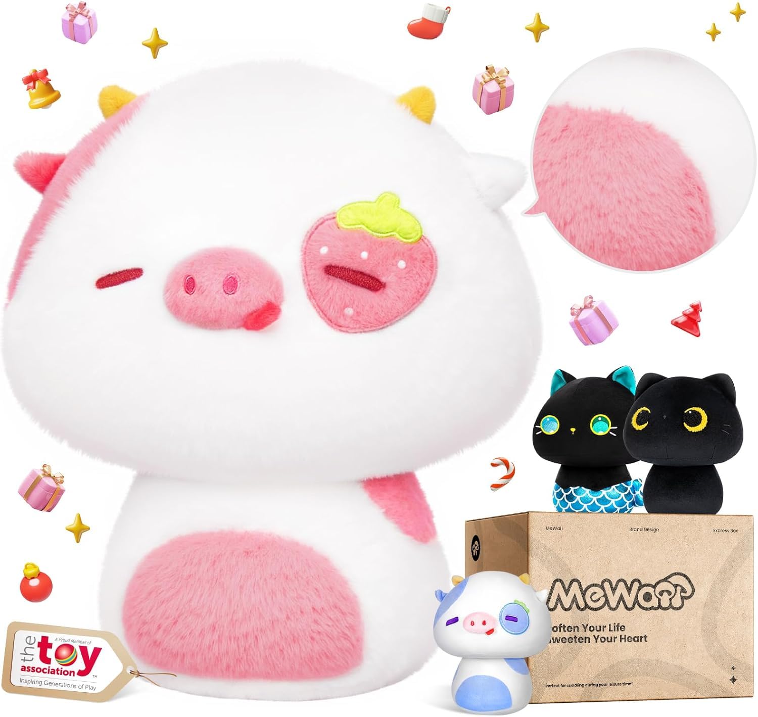 Mewaii 14'' Soft Strawberry Cow Pillows Mushroom Stuffed Animal Plush Plushie Squishy Toy - White