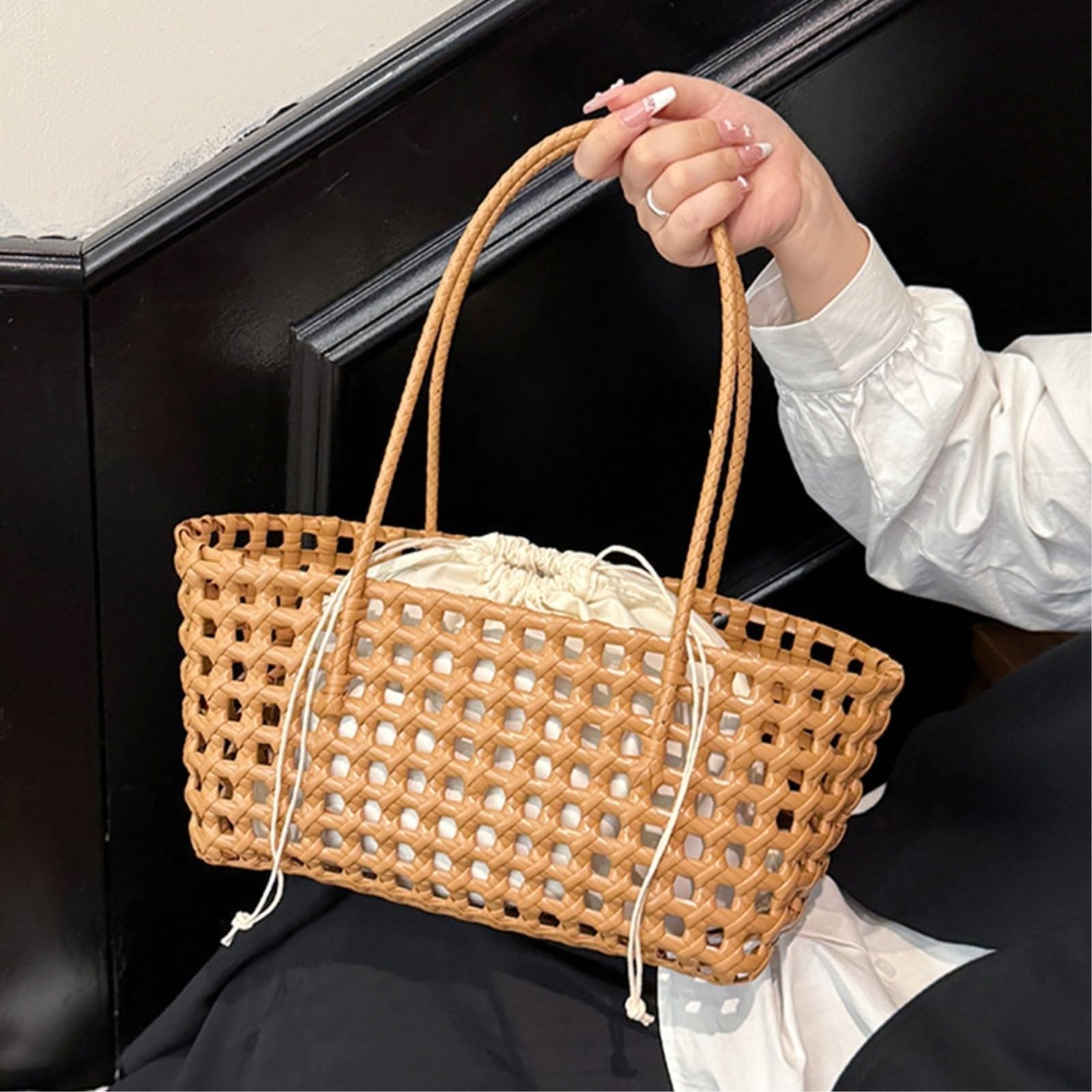 Umhängetasche Gemüse Korb Frauen Strohtaschen Weibliche Sommer Strandtasche Dame Reisetaschen Handtasche Handgefertigte Gewebte Rattan Tasche Schulter-Light Pink