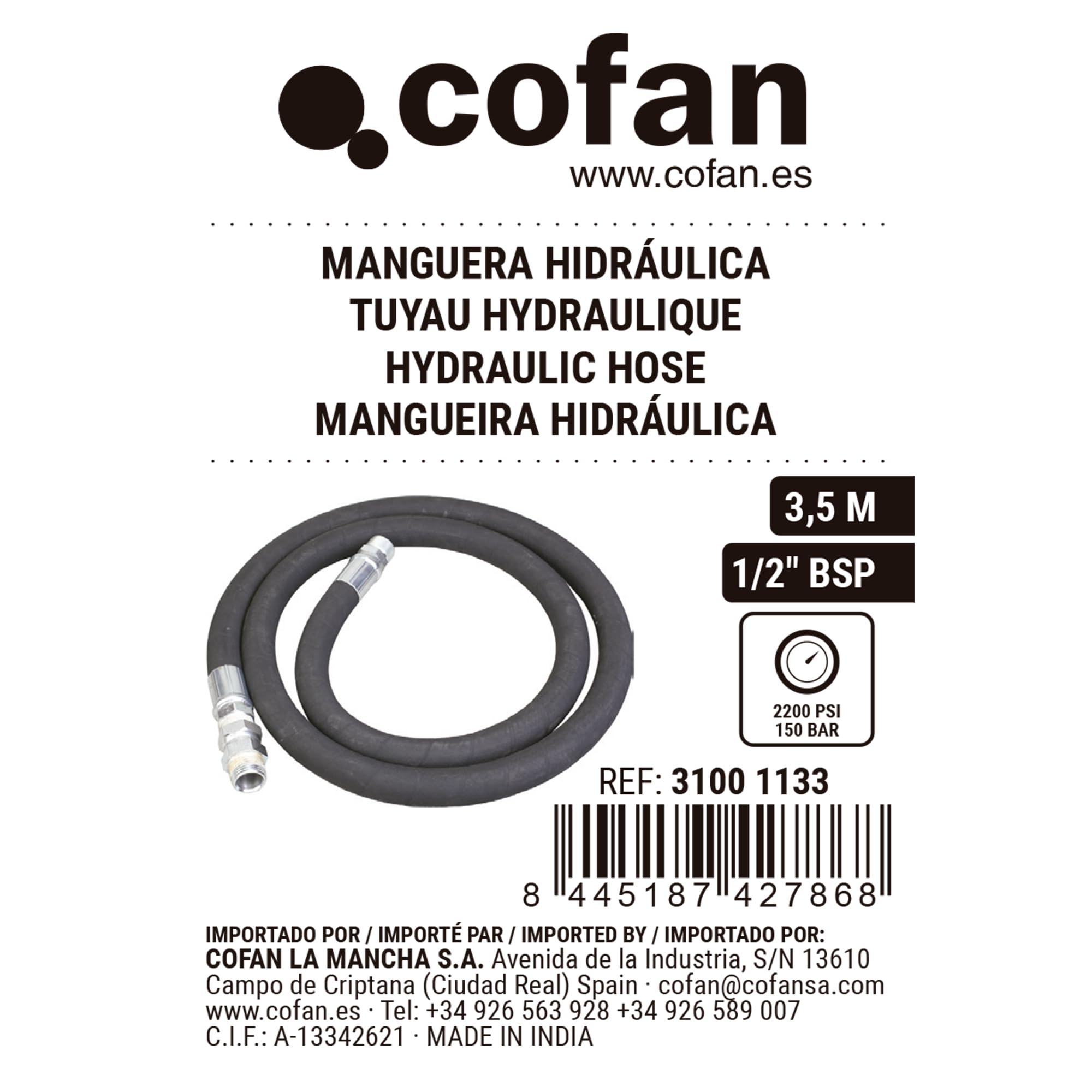 Cofan Manguera hidráulica | Presión: 2200 PSI | 1/2" BSP | Longitud: 3,5 m | Adecuado para bombas neumáticas lubricantes