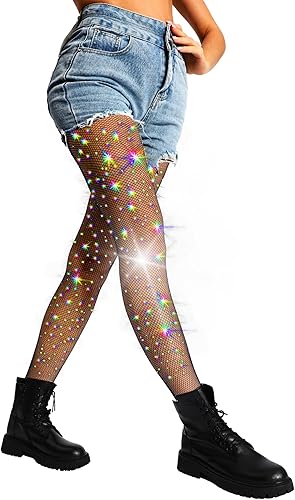 DancMolly Medias de red brillantes ultra duraderas de cintura alta con diamantes de imitación brillantes, traje de fiesta para concierto para