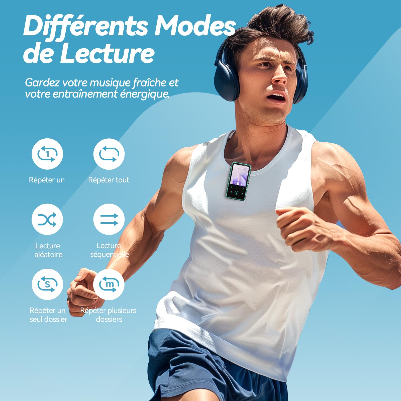 AGPTEK 64Go Lecteur MP3 Bluetooth 5.3 avec Clip, 1,8 Pouces Lecteur Musique Sport HiFi avec Reconnexion Bluetooth Automatique, Radio FM/Podomètre, Ultra-léger 36g, Mini Baladeur pour Courir - Bleu