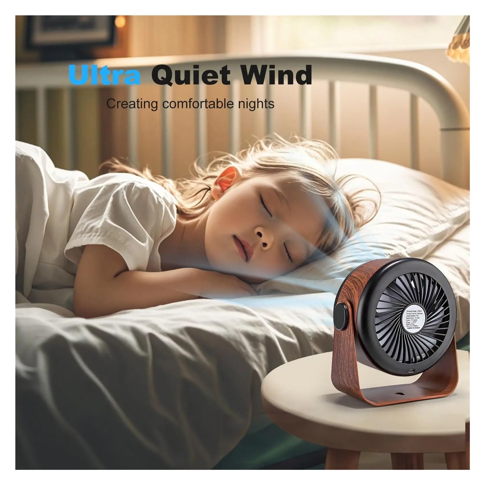 Generico Mini ventilatore ricaricabile for scrivania e parete | 5000 mAh, 5 velocità, rotazione a 360°, luce notturna, montabile a parete(Light wood grain)