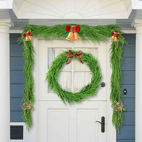 Miniatura 7 de 2 guirnaldas de pino Norfolk, guirnalda de pino artificial realista de 6 pies, pancarta de Navidad incluida, guirnalda verde para manto, mesa,