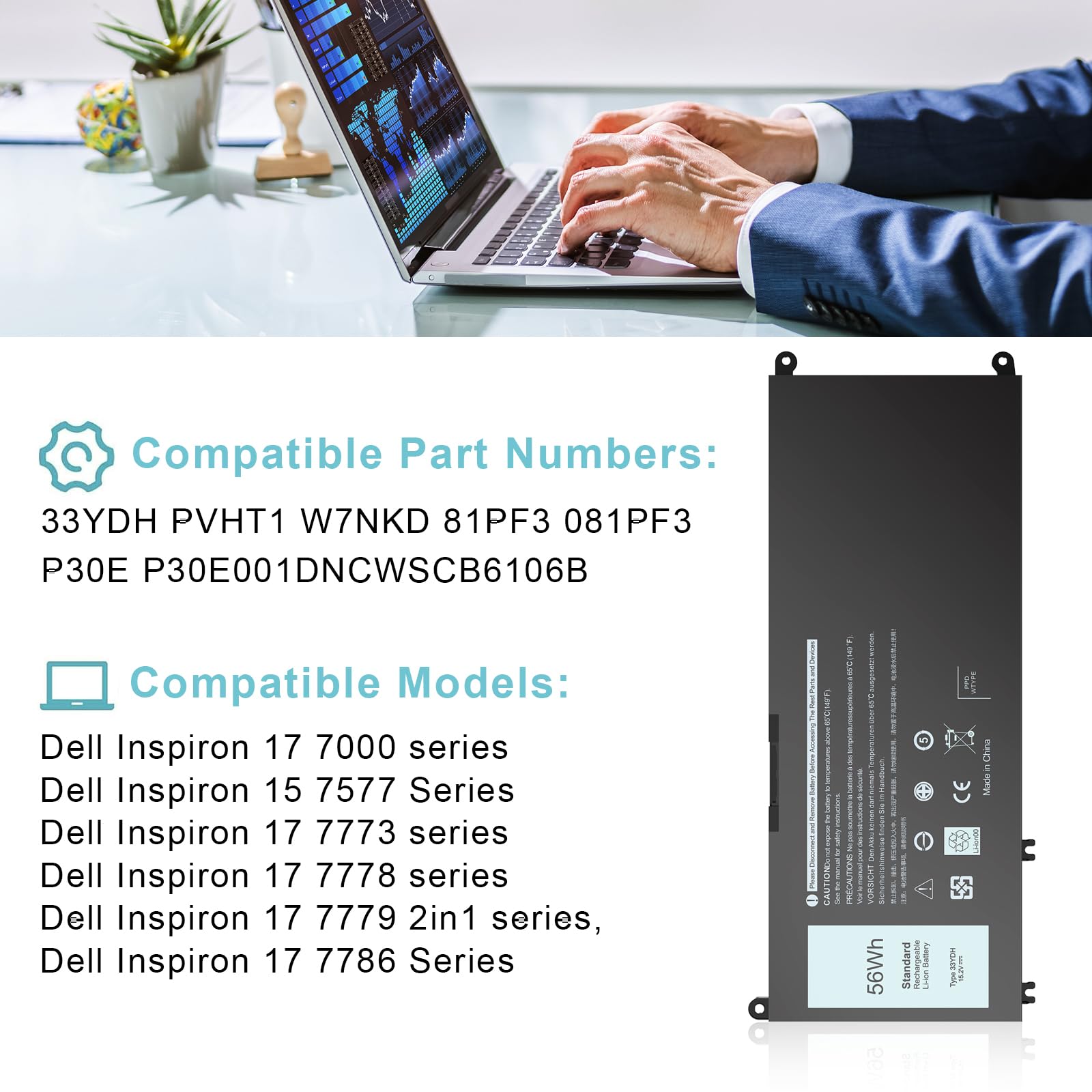 33YDH Batterie de rechange pour ordinateur portable Dell Inspiron 17 7000 7786 7779 7773 7778 G3 G5 G7 3579 3779 5587 7588 15 7577 Latitude 13 3380 14 349 0 à 15 kg. 3590 3580 99NF2 PVHT1 P72F 81PF3