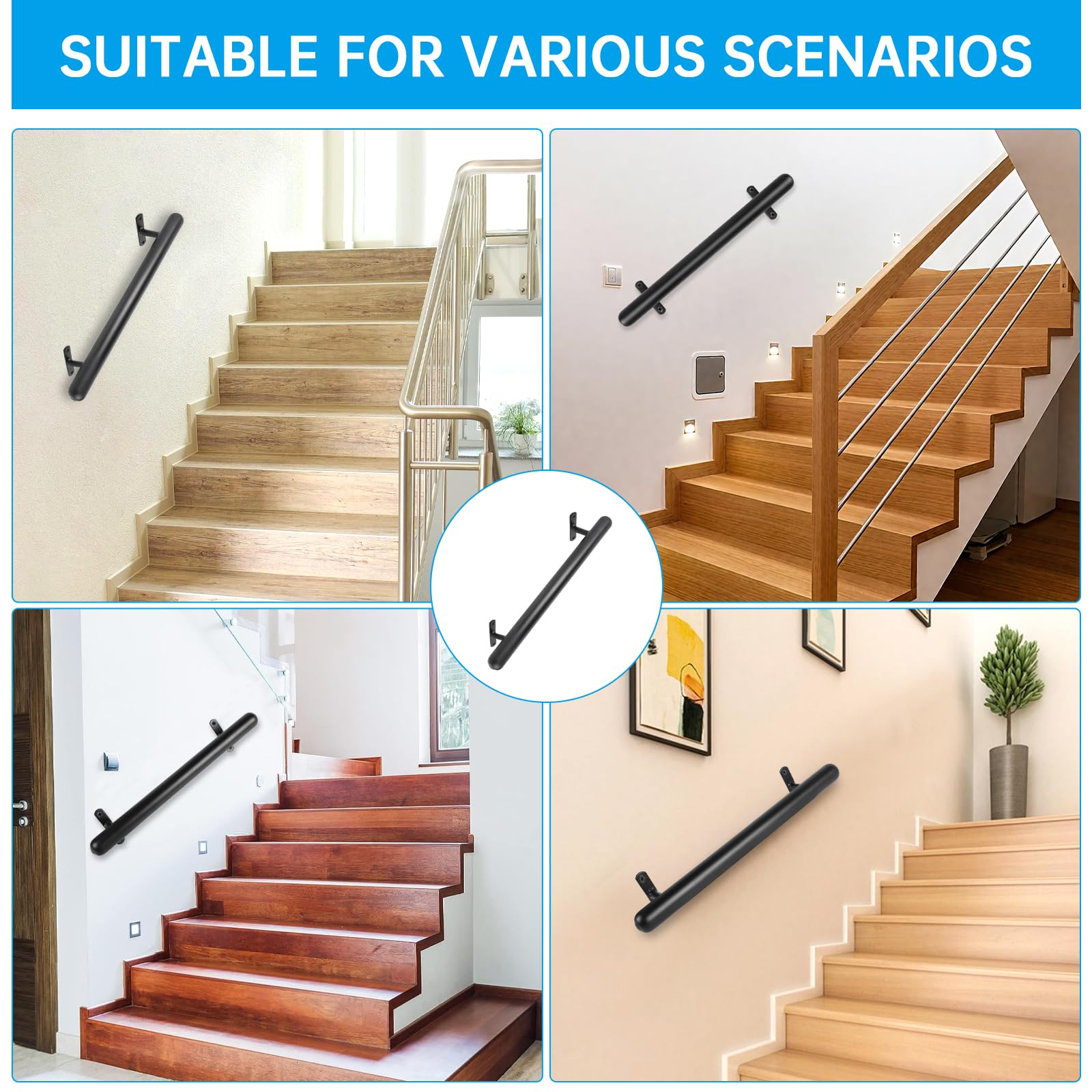 Pasamanos negro con recubrimiento en polvo 41cm Barandilla metálica para interior/exterior Ø32mm – Asidero de seguridad para garaje, sótano, terraza, escaleras, barandillas – Interior/exterior