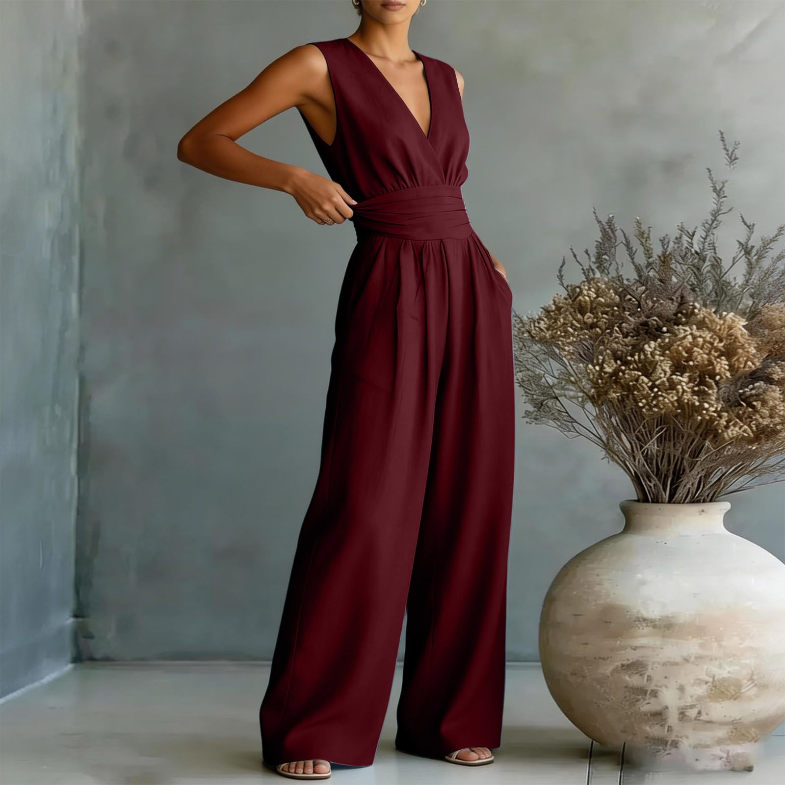 Générique Combinaison Femme Chic Ete Pantalon Large Taille Haute Col V Elegant Ensemble Fluide Pour Travail Et Soirees Avec Poches Pratiques Et Manches Rabatues