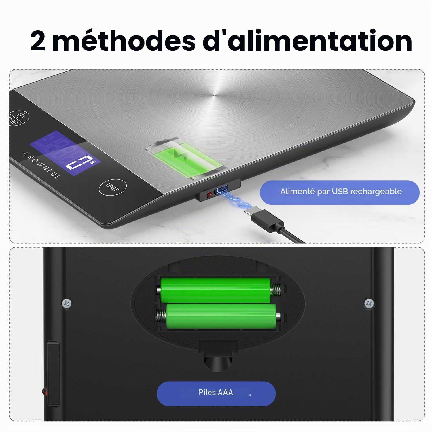 CROWNFUL Balance de cuisine rechargeable 15 kg, poids en grammes et onces pâtisserie et cuisine, chargement C, écran LCD, acier inoxydable 304