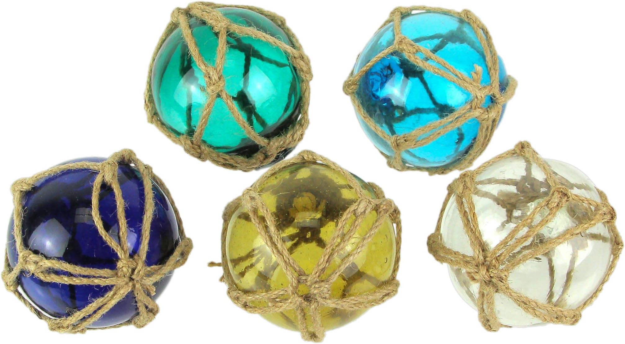 Set of 5 Coastal-Inspired Replica Glass Fishing Floats with Rope Accents - Charming Nautical Antique-Style Decor Ornaments for Home, 3.5 Inch Diameter
