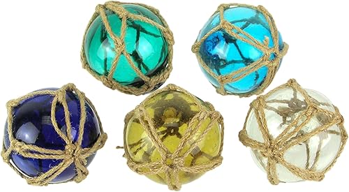 Zeckos Juego de 5 flotadores de pesca de cristal inspirados en la costa con detalles de cuerda, encantadores adornos náuticos de estilo antiguo para