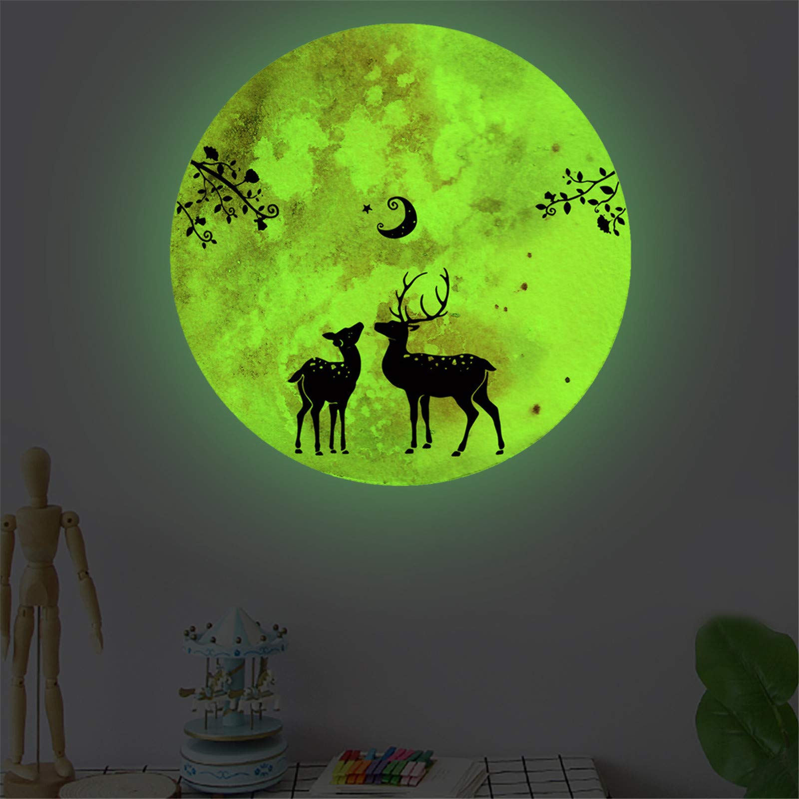Glow in The Dark Moon and Fawn for Wall Stickers,Glow in The Dark Stars Wall Decals for Ceiling,Great for Girls Boys Bedroom or Party Birthday Gift
