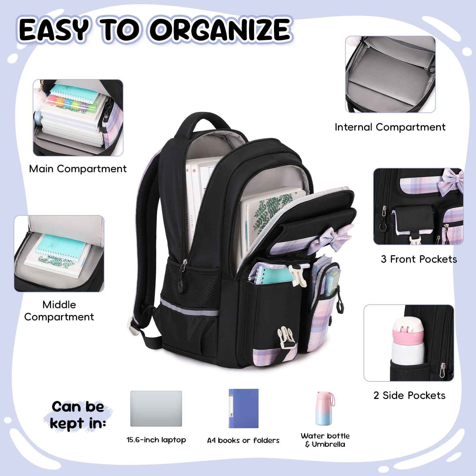 Amythe Schultasche Mädchen Set 3-teilig Schulrucksack mit Lunchtasche Federmappe Schwarz