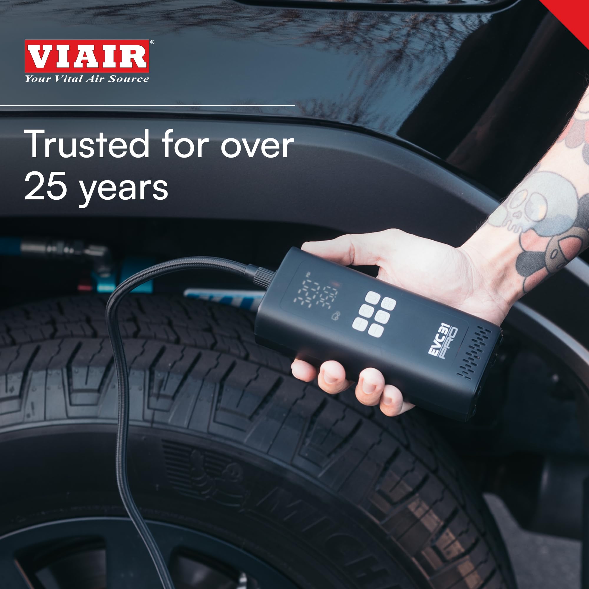 Viair Cada vehículo lleva EVC31 PRO – Compresor de aire portátil – Medidor de presión de neumáticos LED y apagado automático, ideal para kits de emergencia de coche