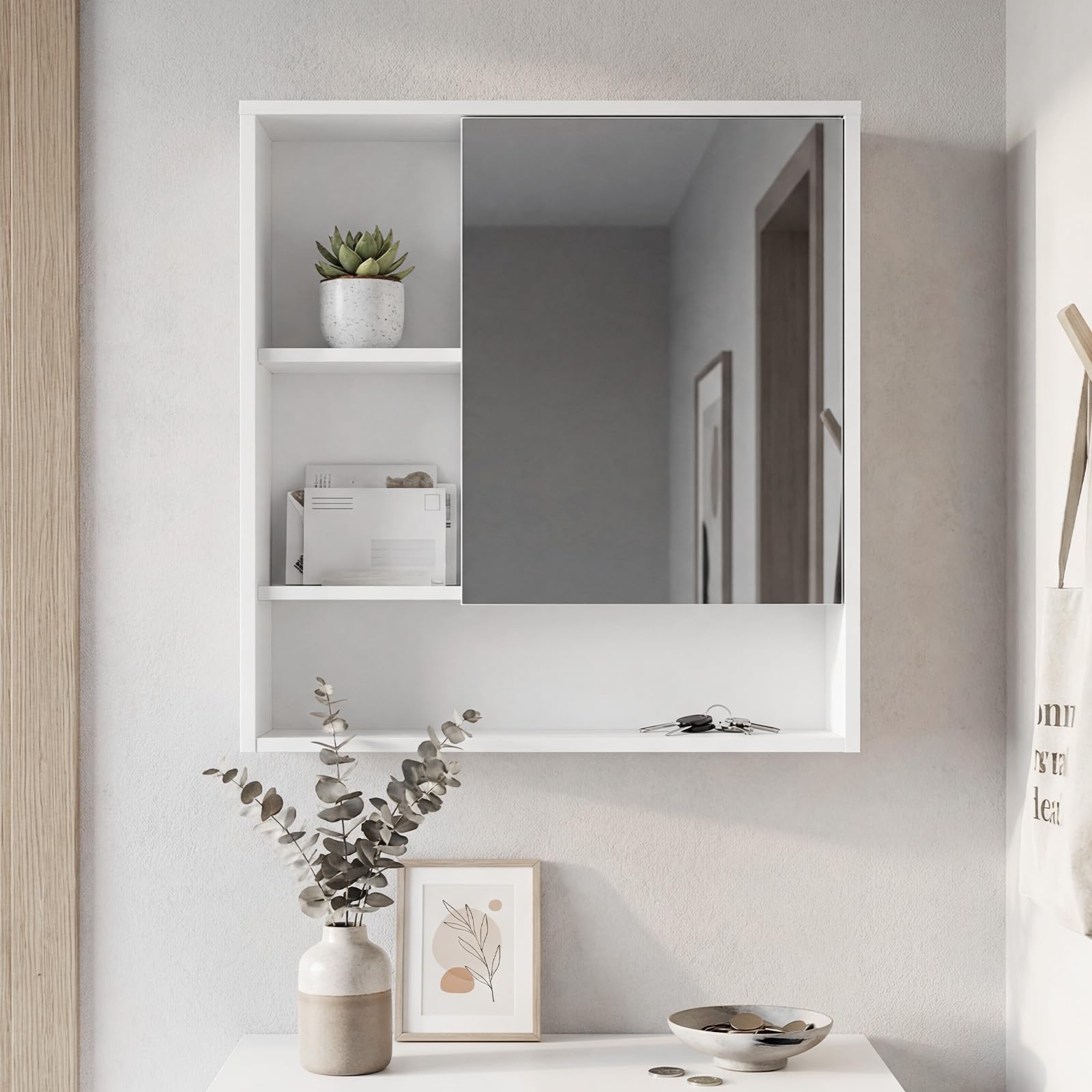 COSTWAY Armoire Murale de Salle de Bain avec Porte Miroir, Armoire à Pharmacie avec Porte et 3 Compartiments Ouverts, Armoire Suspendue, Meuble de Rangement, 16 x 56 x 61 cm (Blanc)