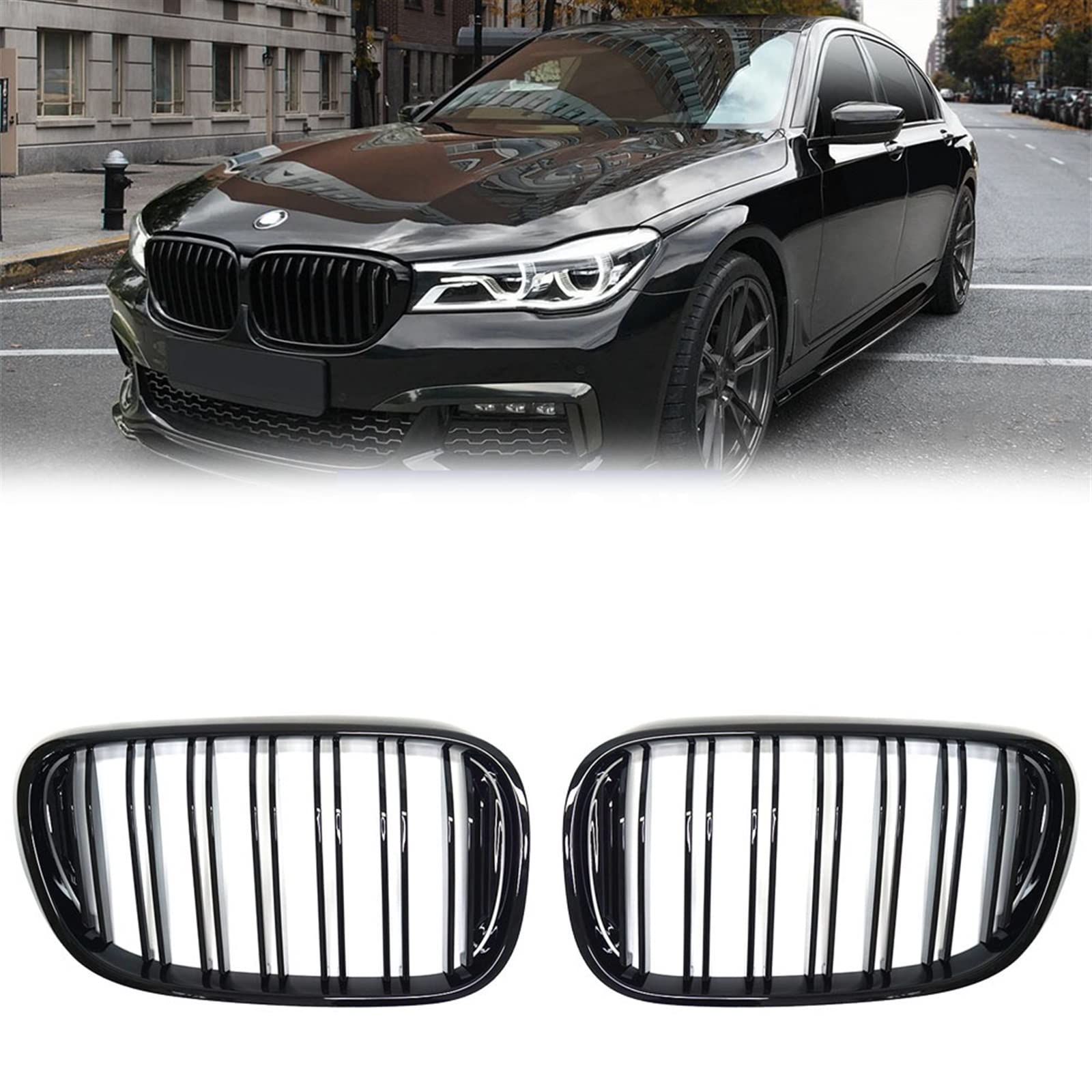 2 Pezzi Griglie per Reni Anteriori per Auto Griglia Griglia di Ricambio per BMW Serie 7 G11 G12 2016-2019 Griglie A Doppia Stecca Nera Lucida