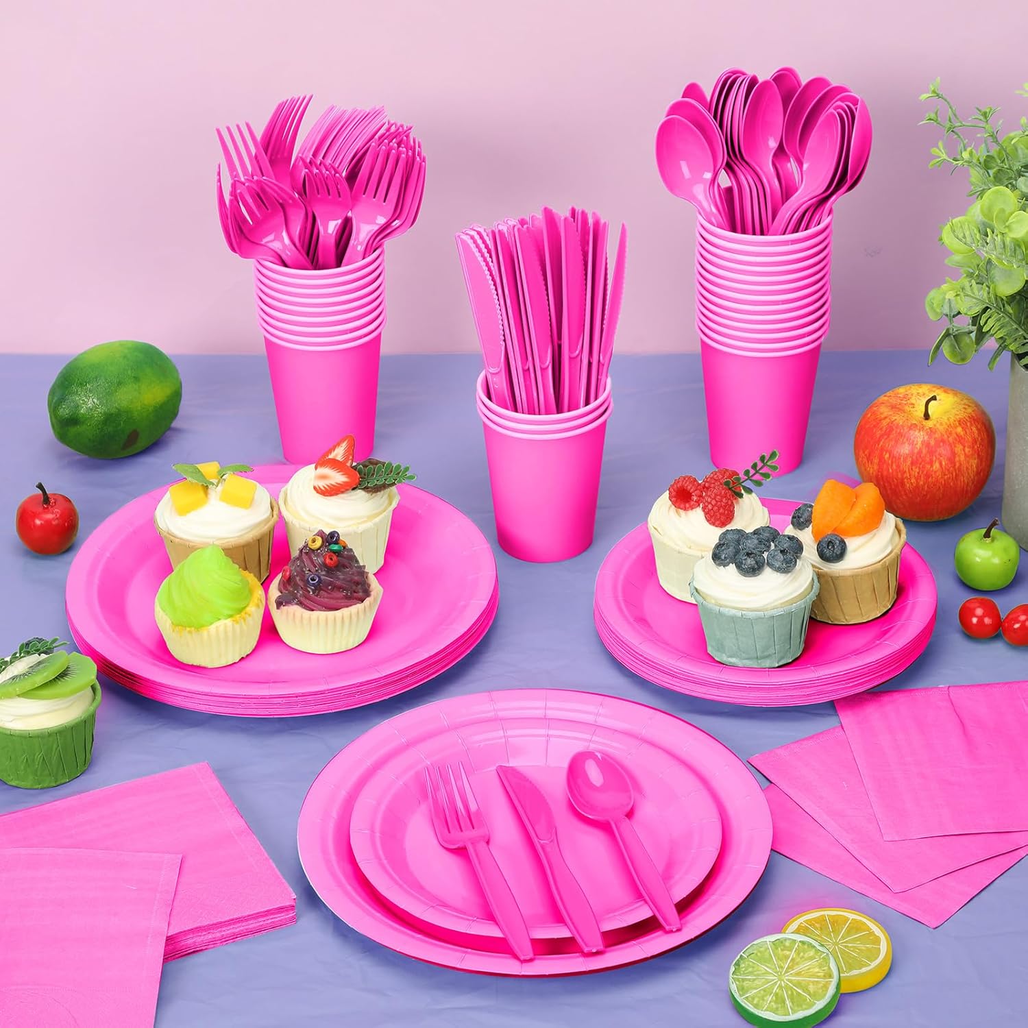 Dandat 350 Pcs Bridal Shower Decorations Baby Shower Party Supplies Include Plates Cups and Napkins Sets with Plastic Forks Knives Spoons for Wedding Birthday (Hot Pink)