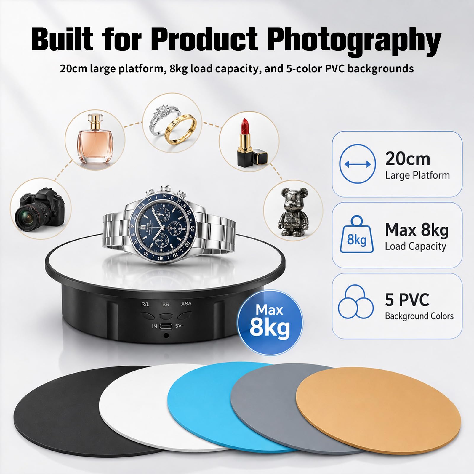 Elektrisch drehbarer Plattenspieler - Rotierender Display-Ständer mit 5 Hintergrundtafeln, 360-Grad-Fotografie-Drehteller mit Fernbedienung, für Produktfotografie und Live-Streaming-Display, 19,8 cm