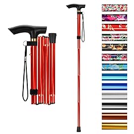 supregear Folding Cane, 5-Level Adjustable Height Walking Stick Lightweight Collapsible Portable Travel Cane with Wrist Strap and T Handle for Elderly Disabled Men Women, Red