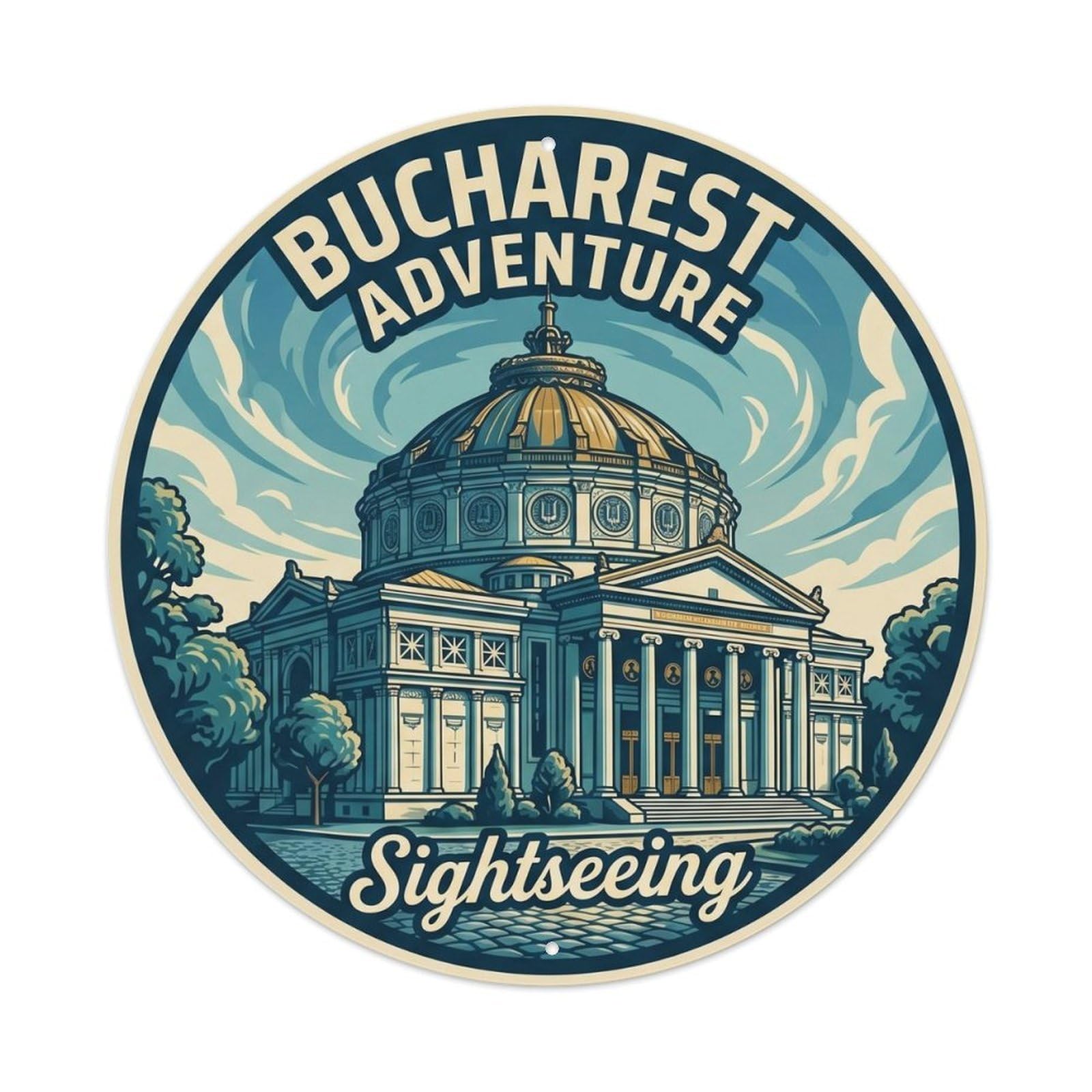 Classic Bucharest City Athenaeum Sightseeing Scenic Landmark Metal Tin Sign Plaque Wall Decor for Cafe, Man Cave, Club Bar, Office, Home Garden Round Metal Poster 8x8Inch