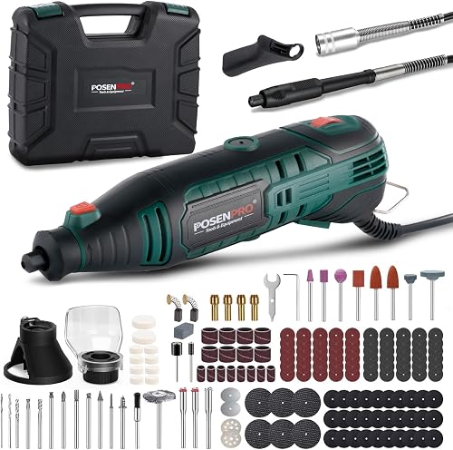 POSENPRO Herramienta Rotativa, 160W Multiherramienta con Eje Flexible | Mini Amoladora Eléctrica con 165 Accesorios, 6 Velocidades 8000-33000RPM, Para Grabar, Taladrar, Cortar, Esmerilar