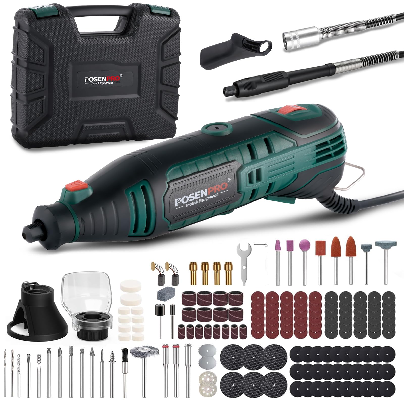 POSENPRO Utensile Multifunzione Rotativo, 160W Mini Trapano Elettrico | Multiutensile con 165 Accessori, 6 Velocità 8000-33000 RPM, Albero Flessibile per Incisione, Tagliare, Levigare, Smerigliare