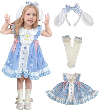 Girls Dress Cute Ruffle Sleeve Casual Dresses with Headband and Socks Halloween Birthday Party Outfits